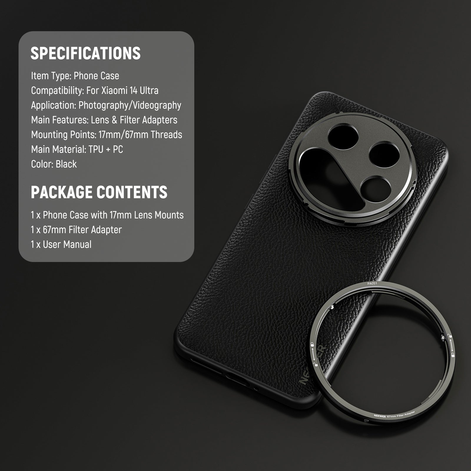 NEEWER PA051 Protective Case for Xiaomi 14 Ultra - Compatible with 17mm & 67mm Lens Adapters | Durable Phone Cover for Photography & Travel