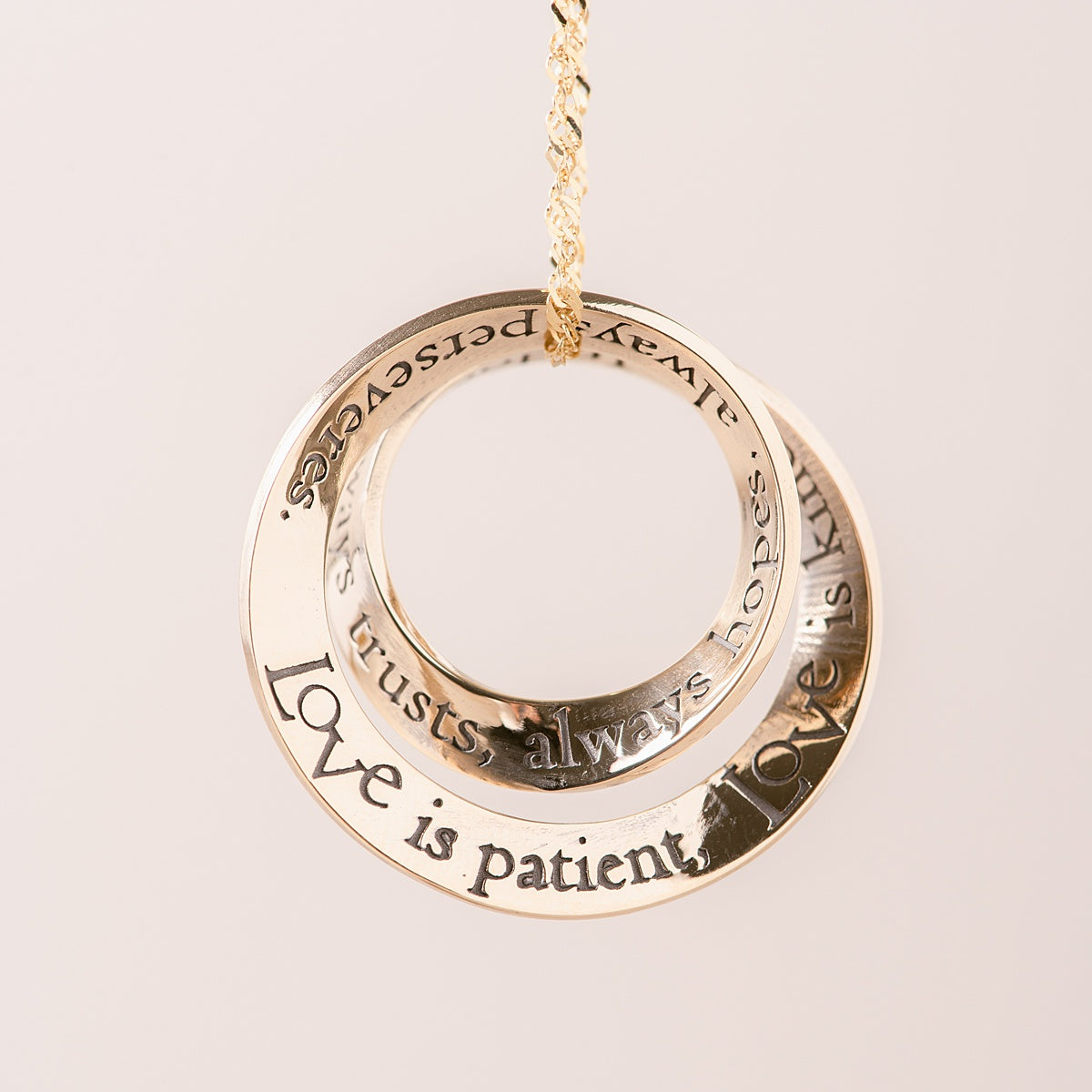 14K Gold Love is Patient Double Mobius Necklace - 1 Corinthians 13 Bible Verse Jewelry for Women, Christian Gift for Anniversary, Wedding & Valentine's Day