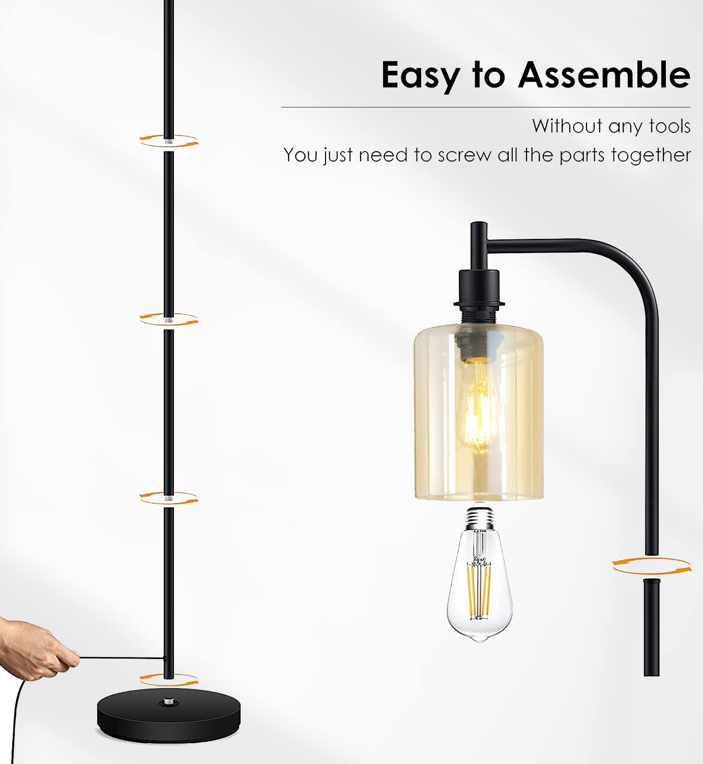 Modern Industrial Floor Lamp with Gold Glass Shade - 6W LED Bulb Included, Adjustable Standing Lamp with Foot Switch - Bright Lighting for Living Room, Bedroom & Office - Perfect for Reading, Working & Relaxing