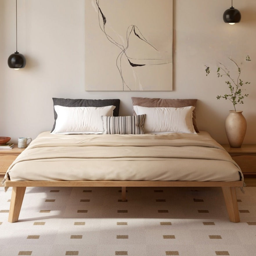 Solid Oak Wood Platform Bed Frame - Queen Size, Headboard-Free Modern Minimalist Design for Bedroom, Guest Room, or Dorm - Easy Assembly & Sturdy Support
