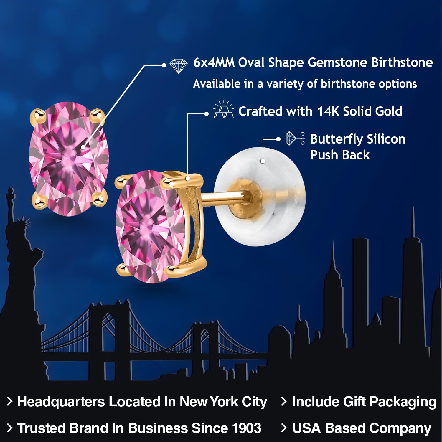 14K Gold Oval Gemstone Birthstone Stud Earrings for Women & Men | 6X4MM Oval Cut | Fine Jewelry Gifts for Her, Mom, Wife | Perfect for Birthdays, Anniversaries & Special Occasions