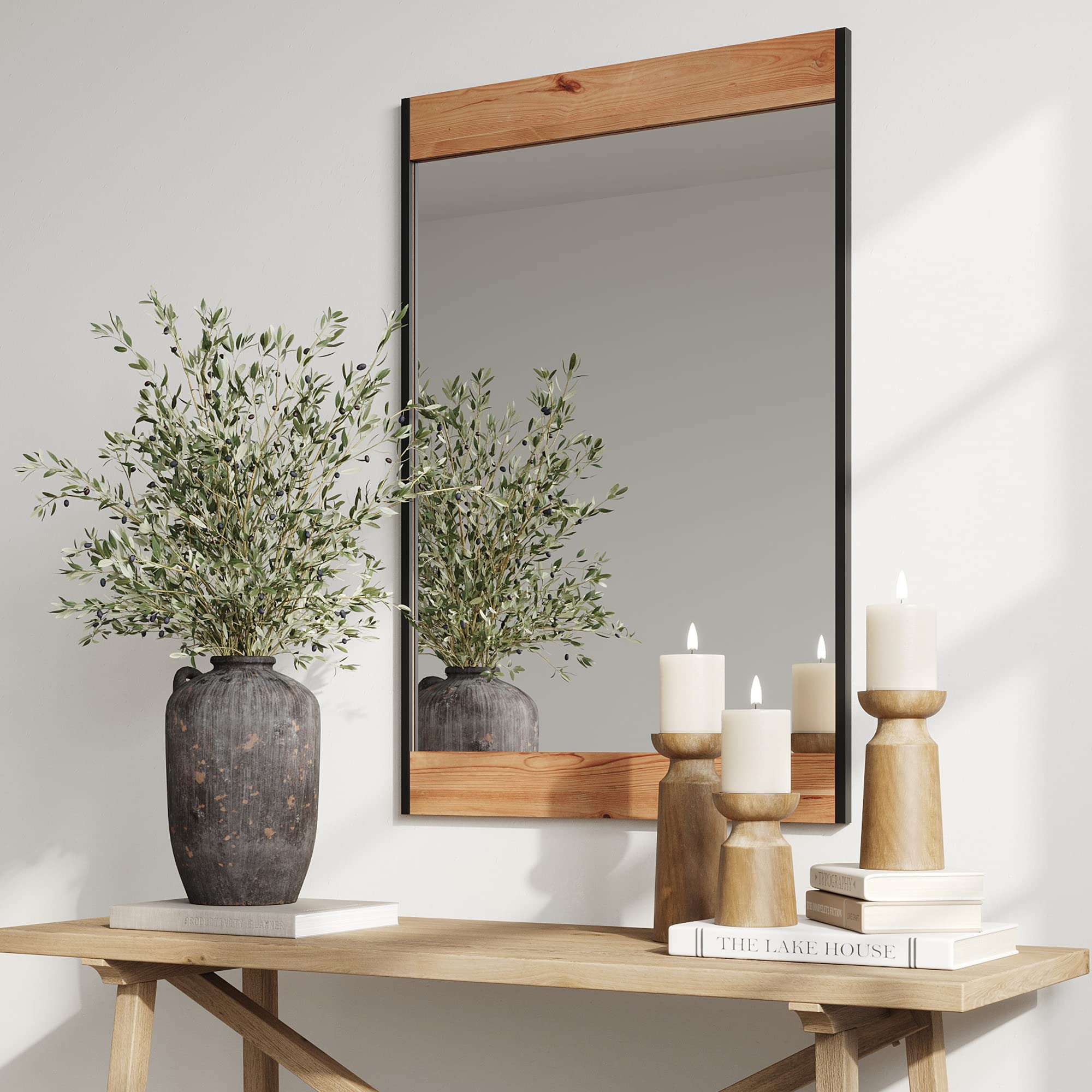 Barnyard Designs 24x36 Wooden Farmhouse Wall Mirror - Modern Rustic Metal and Wood Frame Mirror for Bathroom Vanity, Living Room, Bedroom & Entryway - Brown Distressed Finish - Perfect for Farmhouse, Industrial & Rustic Home Decor