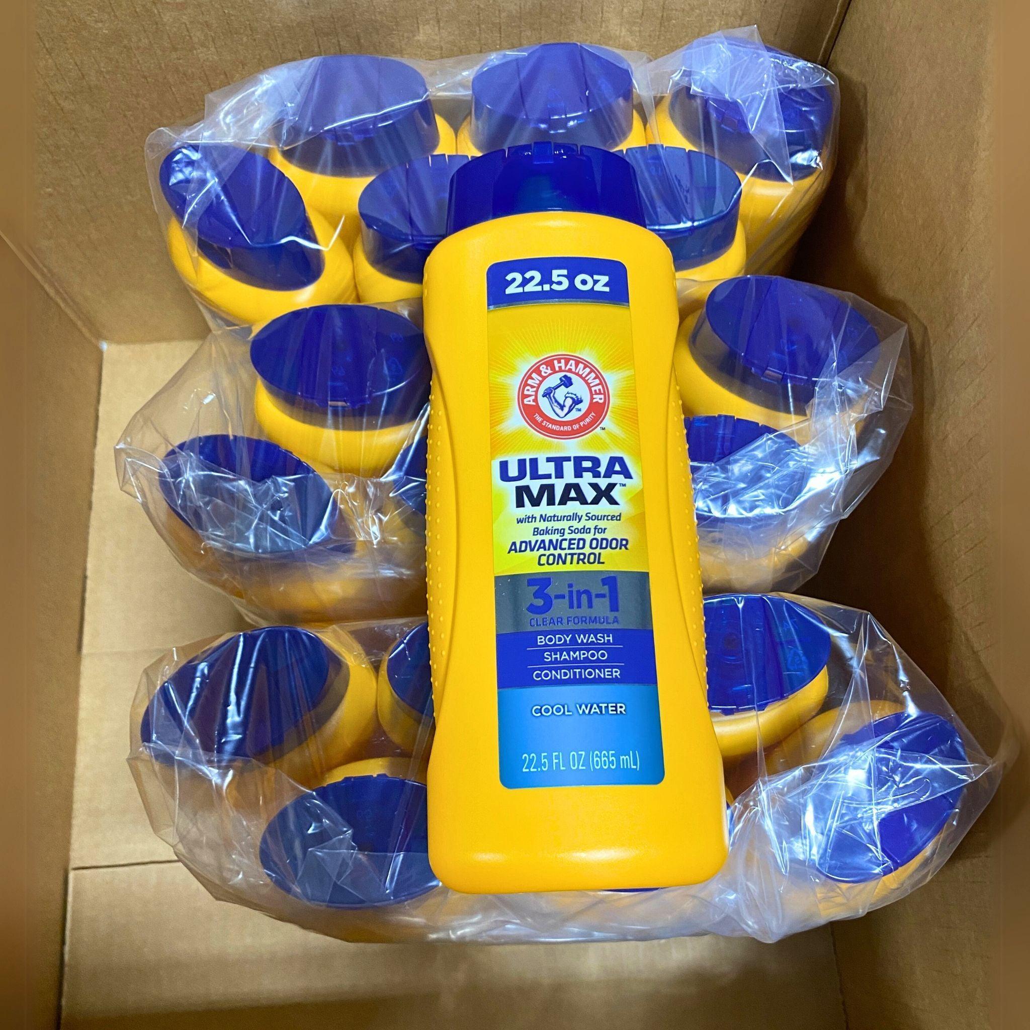 ARM & HAMMER Ultra Max 3-in-1 Clear Formula Body Wash, Shampoo & Conditioner Set - Cool Water Scent - 22.5 fl oz (40 Pack Bulk) - Perfect for Gym, Travel & Family Use