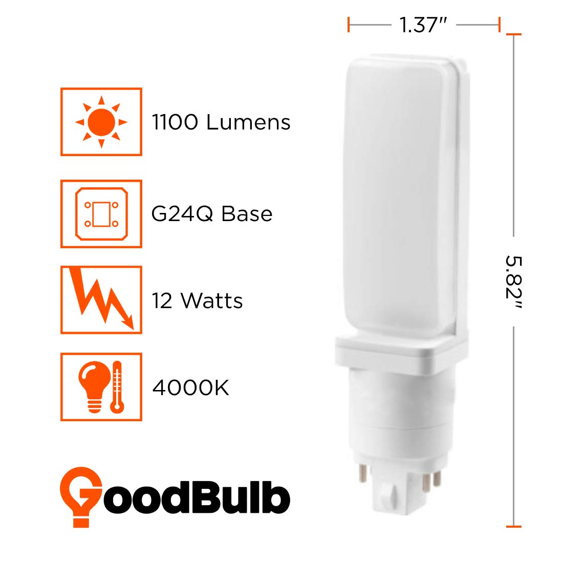 GoodBulb 18W LED Plug-in Light Bulbs - 12W Hybrid 4 Pin G24Q Base, 4000K Cool White, 1100 Lumens, 120° Beam - Energy Efficient Commercial Lighting Replacement (10 Pack) - Perfect for Offices, Retail Stores, and Industrial Spaces