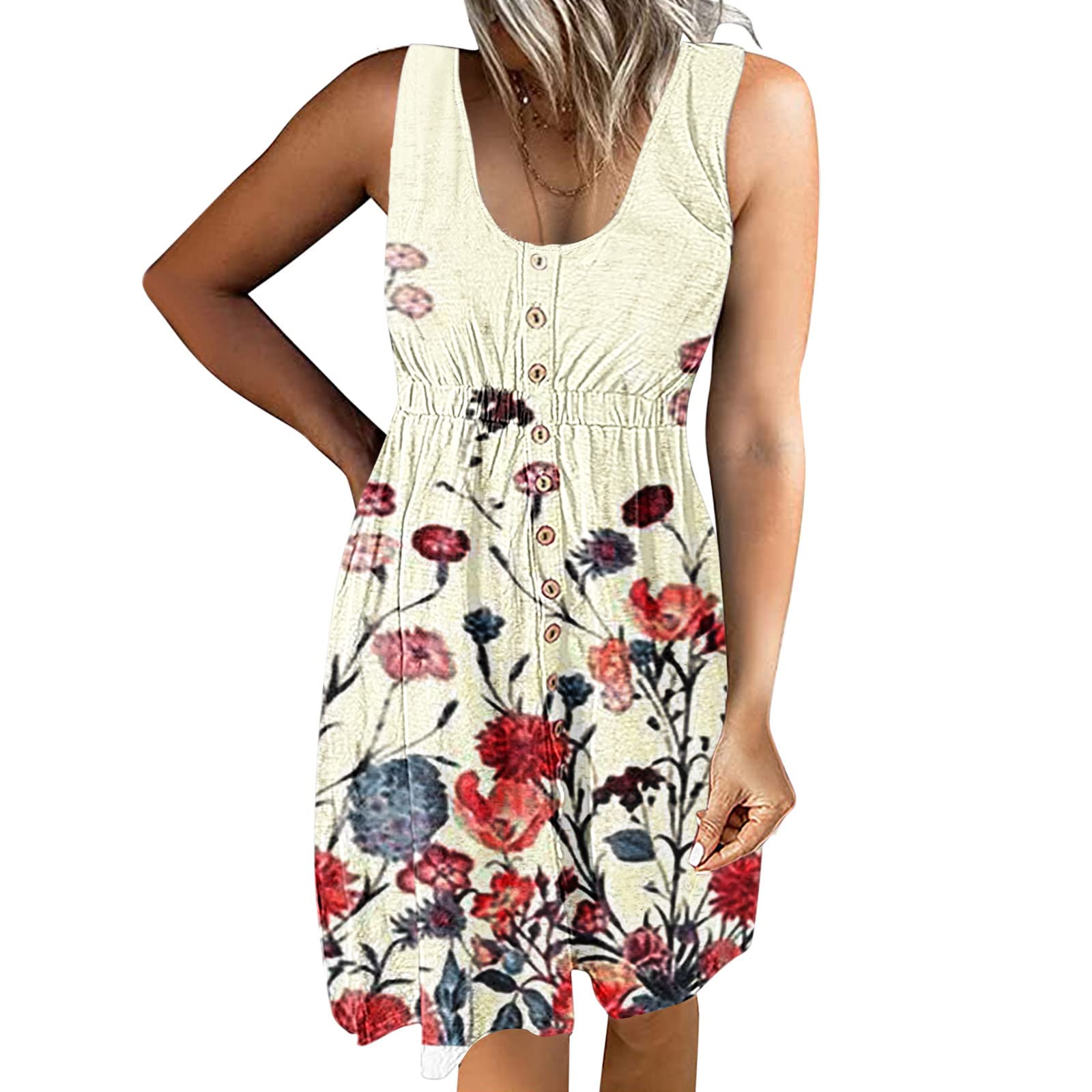 Women's Summer Smocked Short Sleeve V-Neck Mini Dress - Swiss Dot Flowy Short Dress for Beach, Vacation & Casual Outings