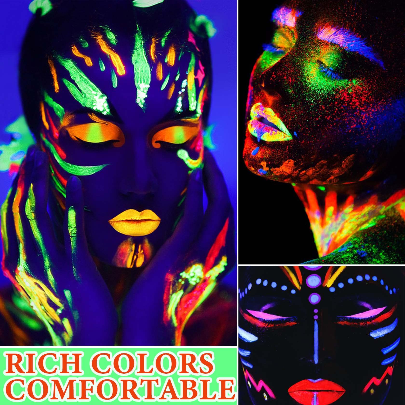 6 Pack Glow in the Dark Face & Body Paint Set - Blacklight Reactive Neon Paint for Halloween, Raves & Parties - Washable UV Body Makeup for Kids & Adults - Perfect for Costumes, Festivals & Night Events