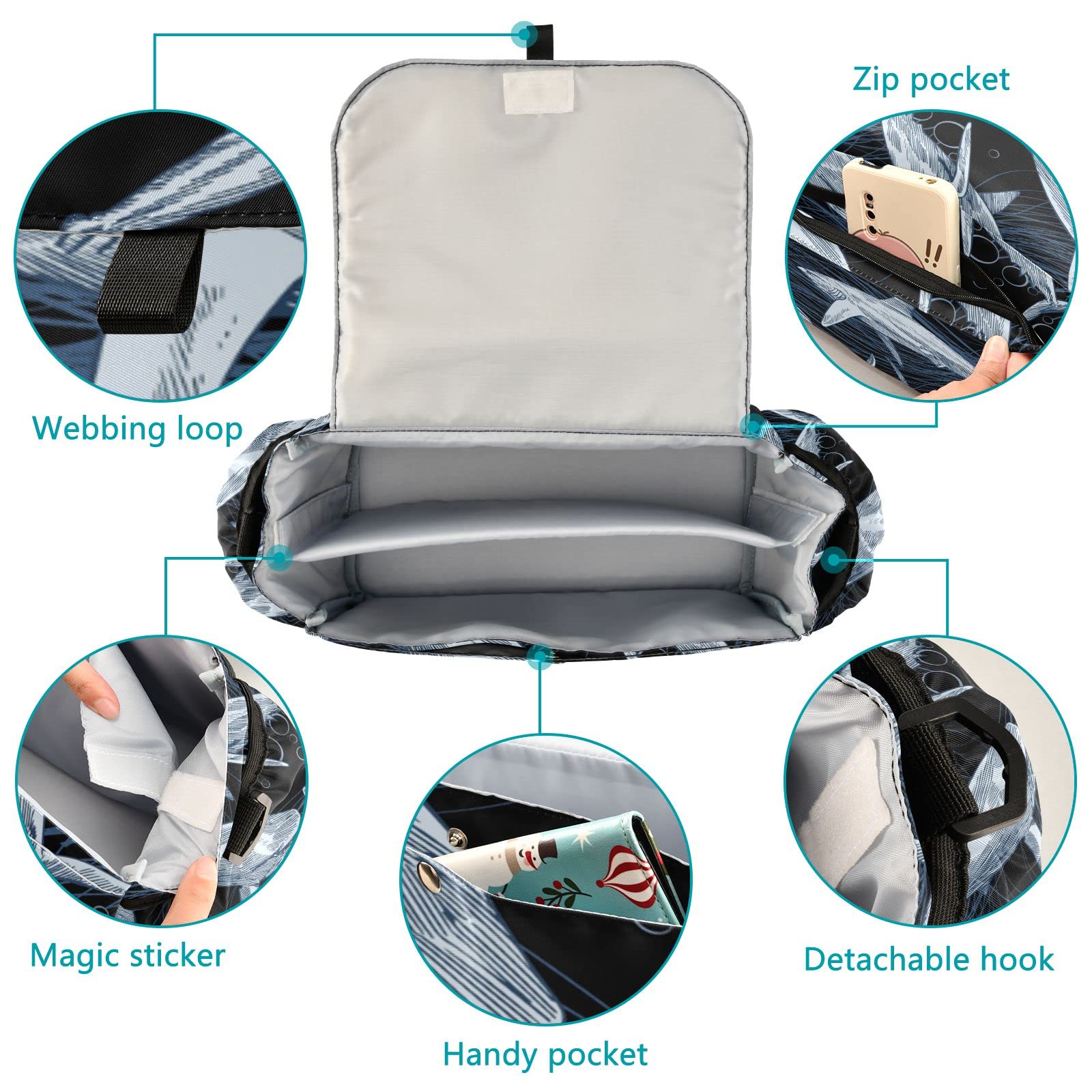 Shark Stroller Organizer with Cup Holders & Zipped Pockets - for Diapers, Bottles & Toys - Perfect for Beach & Park Outings