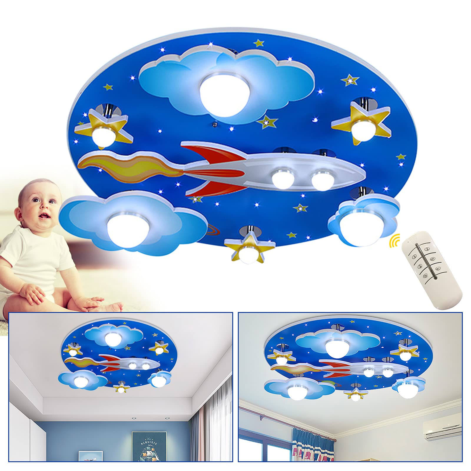 Modern LED Chandelier for Boys Room - Blue Creative Flush Mount Ceiling Light with Cartoon Cloud, Plane & Star Design - 8-Light Kids Bedroom Lighting Fixture - Perfect for Children's Bedroom, Playroom & Nursery Decor