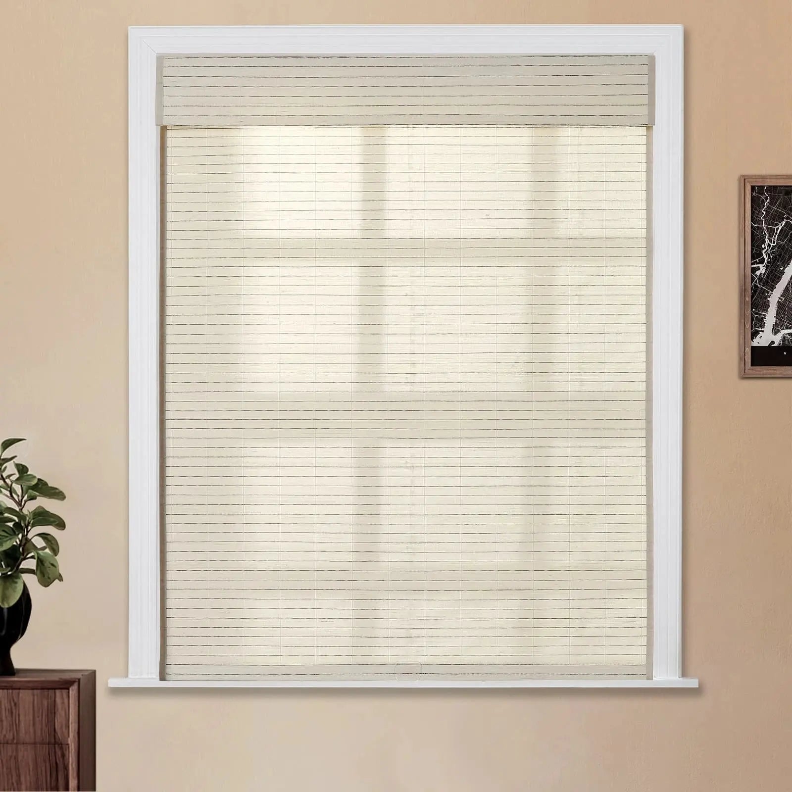 Natural Ramie Bamboo Woven Window Shade - Beige White Color for Living Room, Bedroom & Office Privacy