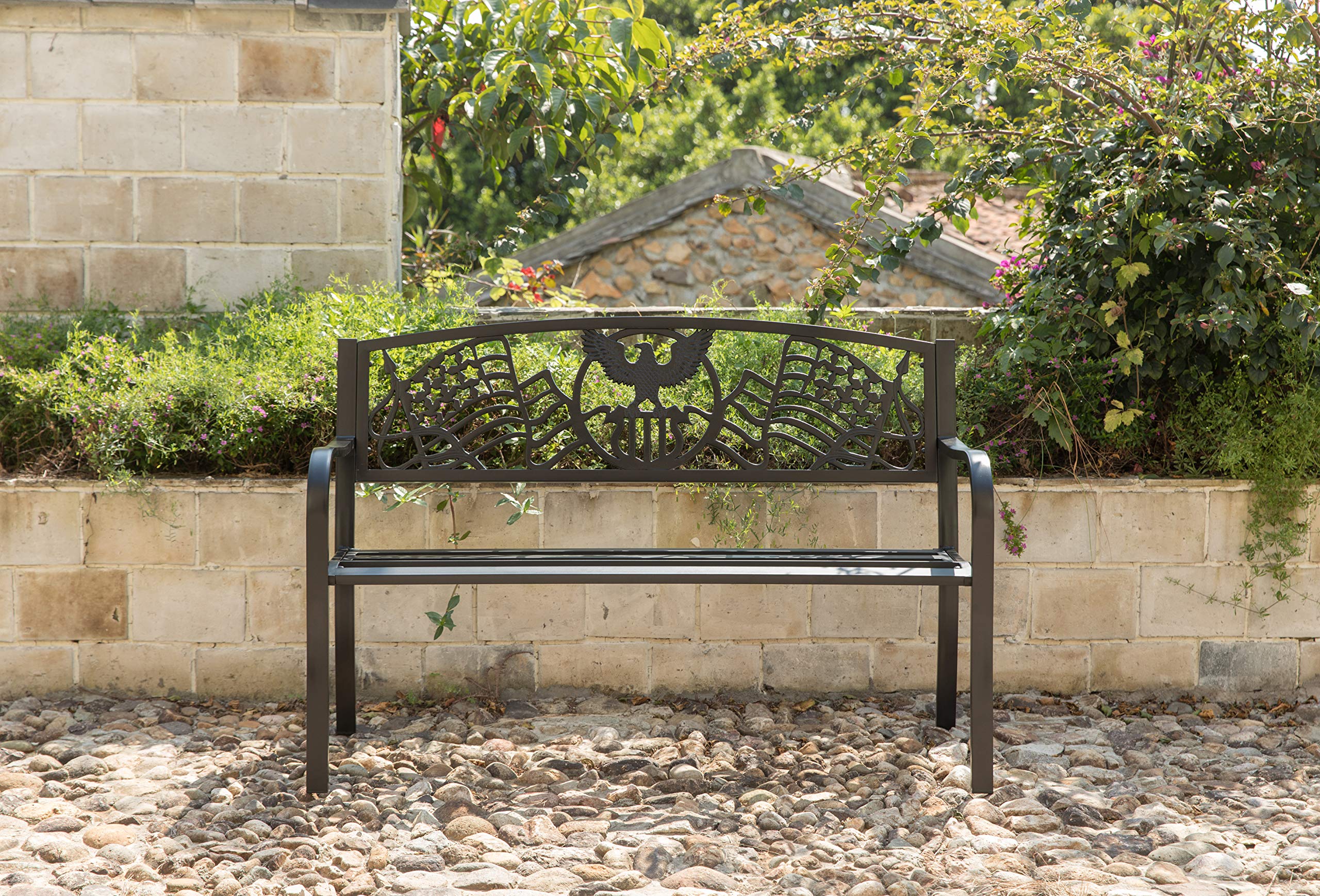 Patriotic American Flag & Eagle Backrest Steel Outdoor Bench - Heavy Duty Cast Iron Garden, Park, Porch & Lawn Seating for Decorative Patio, Yard & Outdoor Spaces