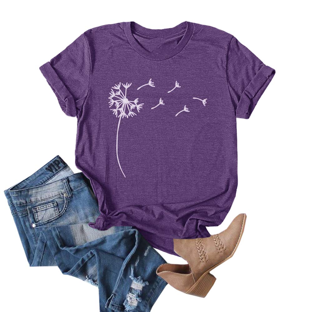 Cicy Bell Women's Dandelion Print T-Shirt - Cute Graphic Short Sleeve Cotton Tee Top for Summer | Casual Outfit, Beach Wear & Daily Fashion