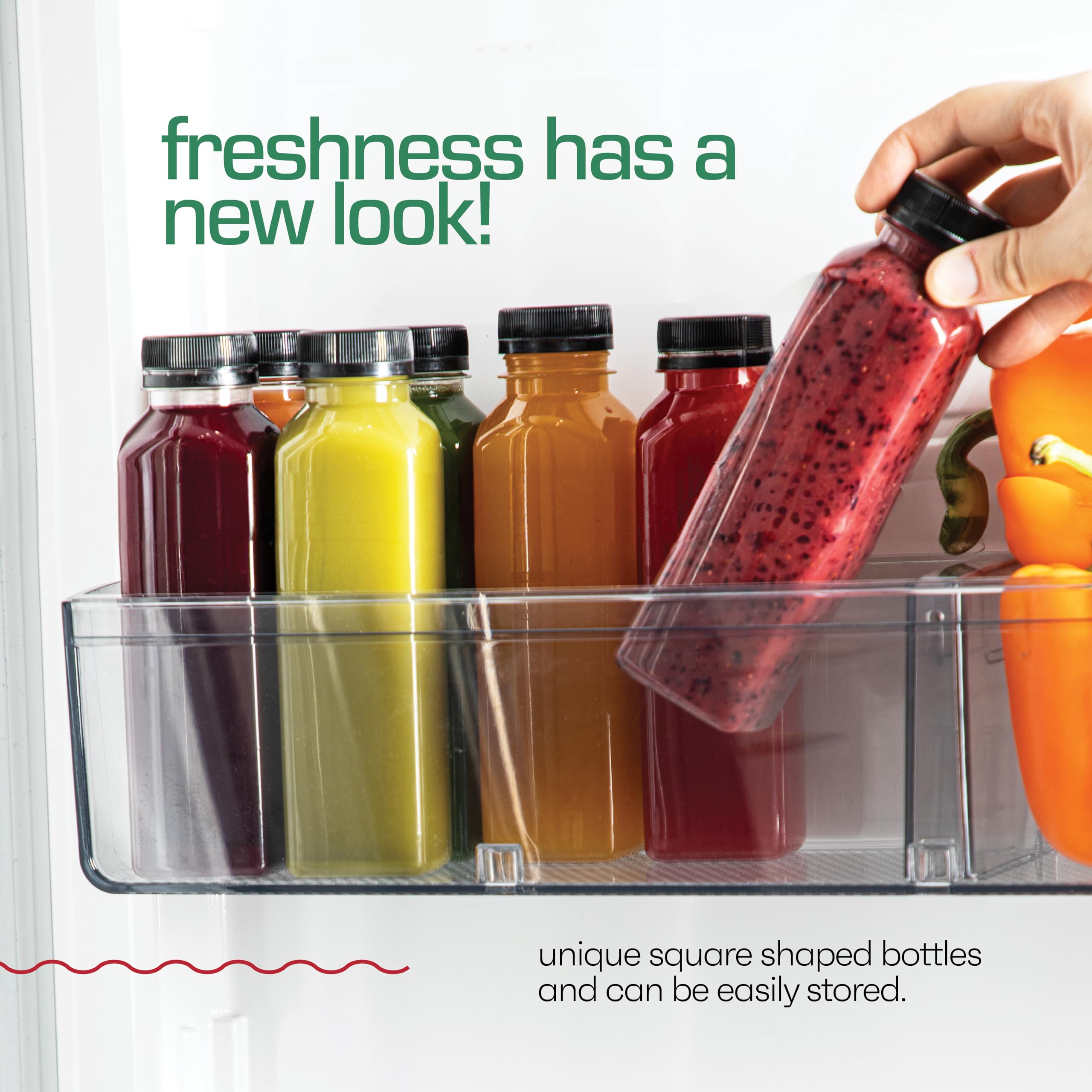 16oz 20pcs Juice Bottles With Tamper Evident Caps - BPA-Free, Shatterproof & Leakproof Juice Containers for Refrigerator Storage - Made in USA, Disposable & Recyclable - Perfect for Cold Pressed Juices, Meal Prep and On-the-Go Hydration