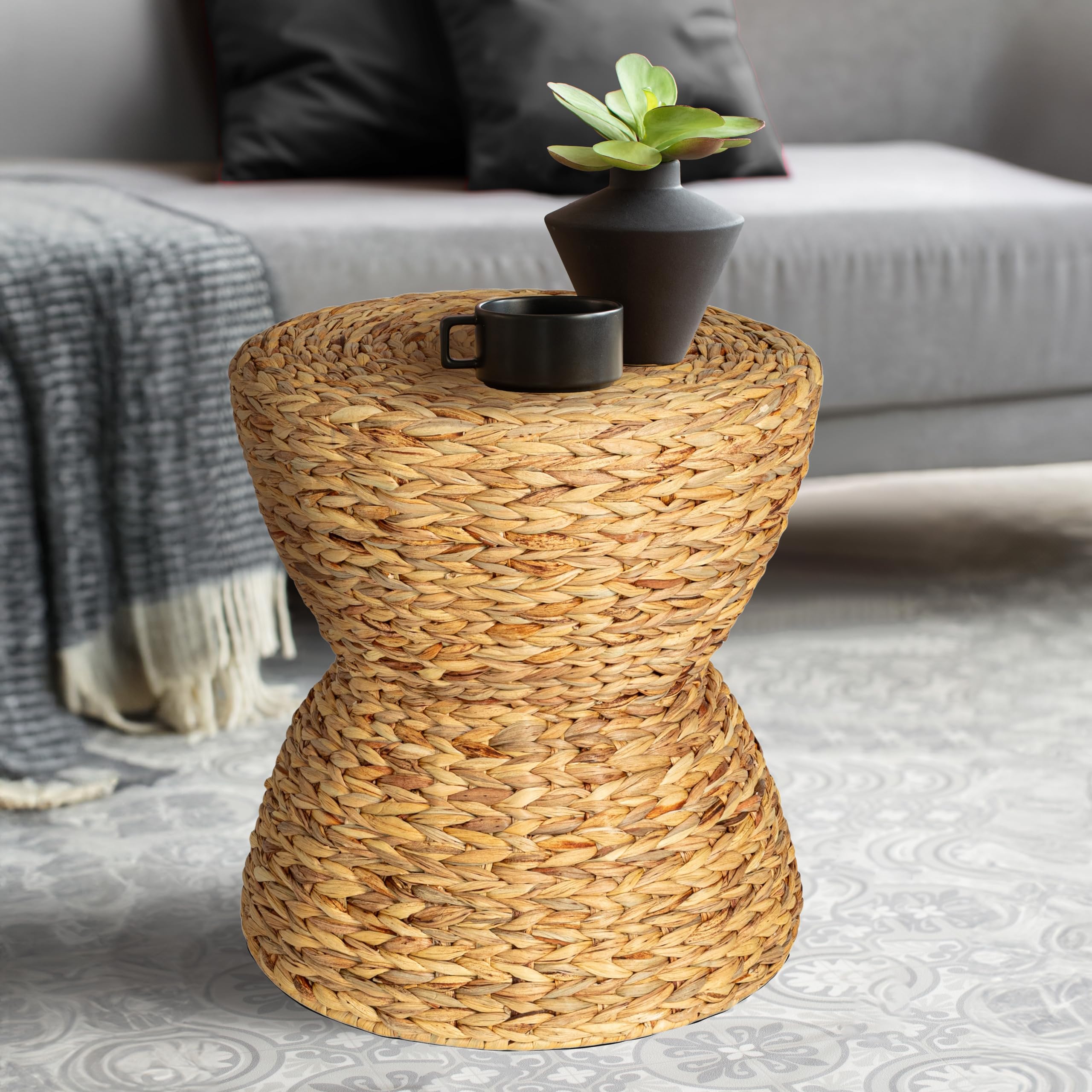 Natural Water Hyacinth Hourglass Stool - Handwoven Rattan Side Table for Living Room, Bedroom, or Patio - Eco-Friendly Home Decor Accent Piece