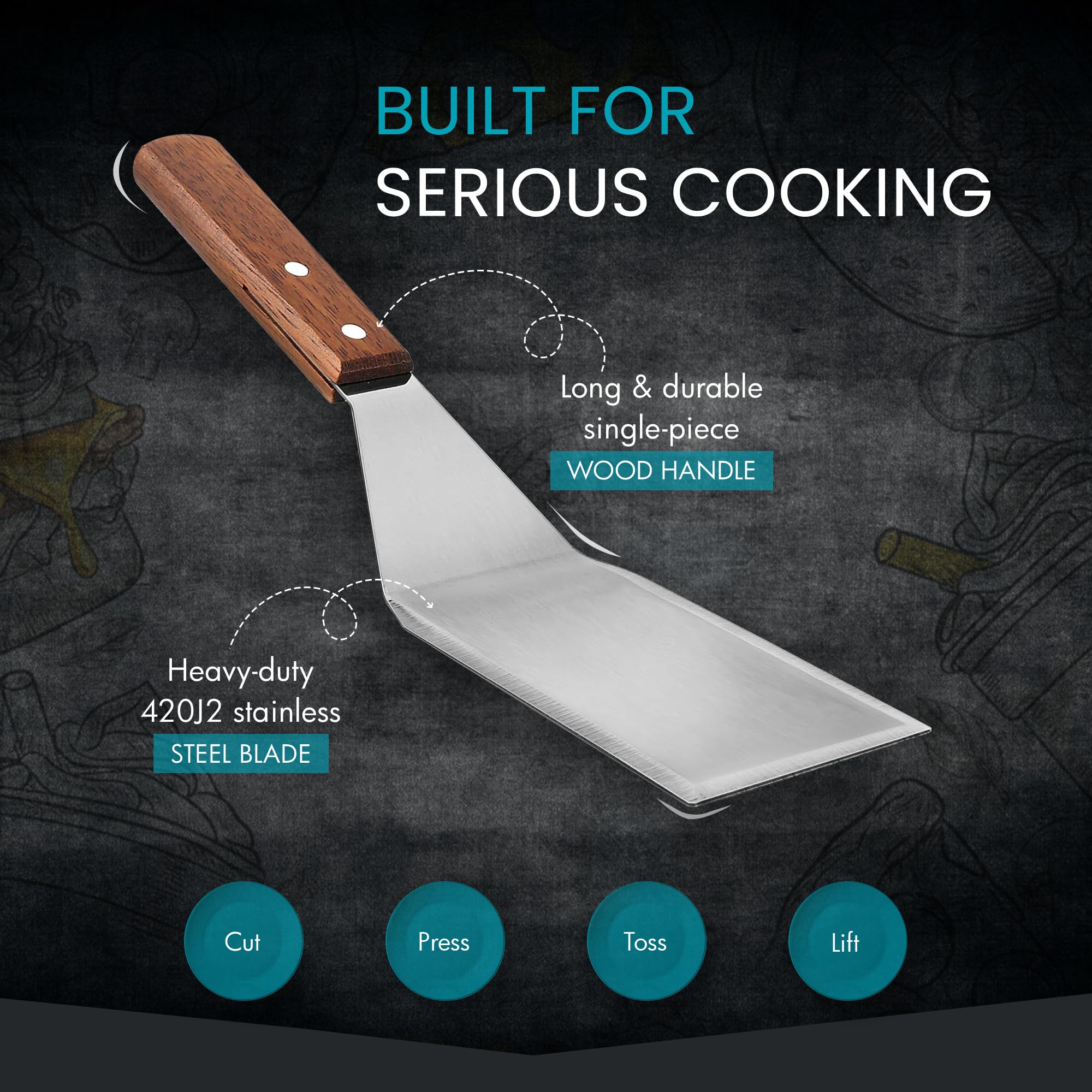 Homi Styles Stainless Steel Grill Spatula with Wood Handle - 11 x 3 Inch Metal Spatula with Beveled Edges for Skillets, Griddles, Pancakes, Burgers & Omelets - Perfect for BBQ, Camping & Home Cooking