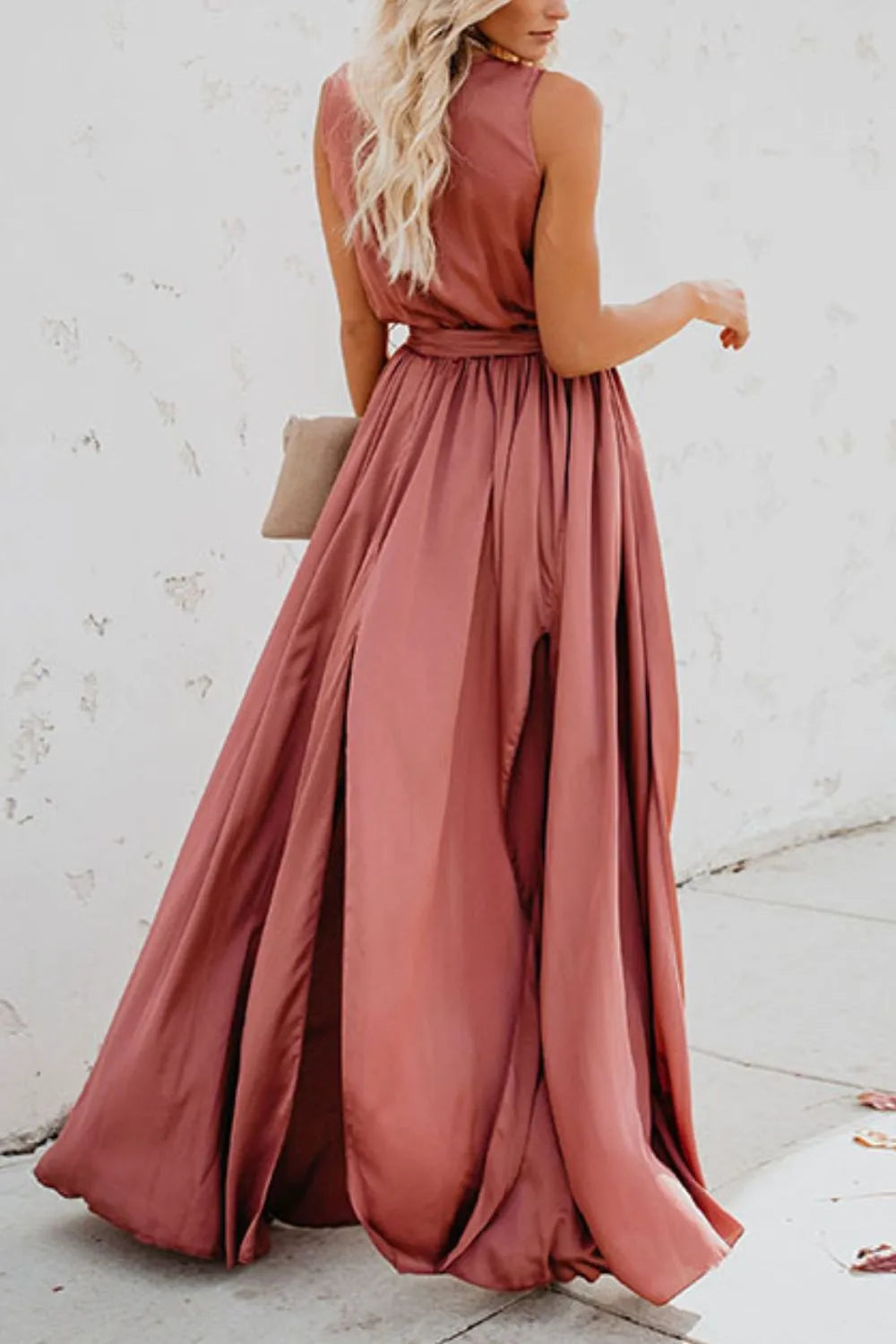 Elegant Tie Waist Maxi Resort Dress for Women - Flowy Summer Beach Dress with Side Slits | Perfect for Vacations, Weddings & Tropical Getaways