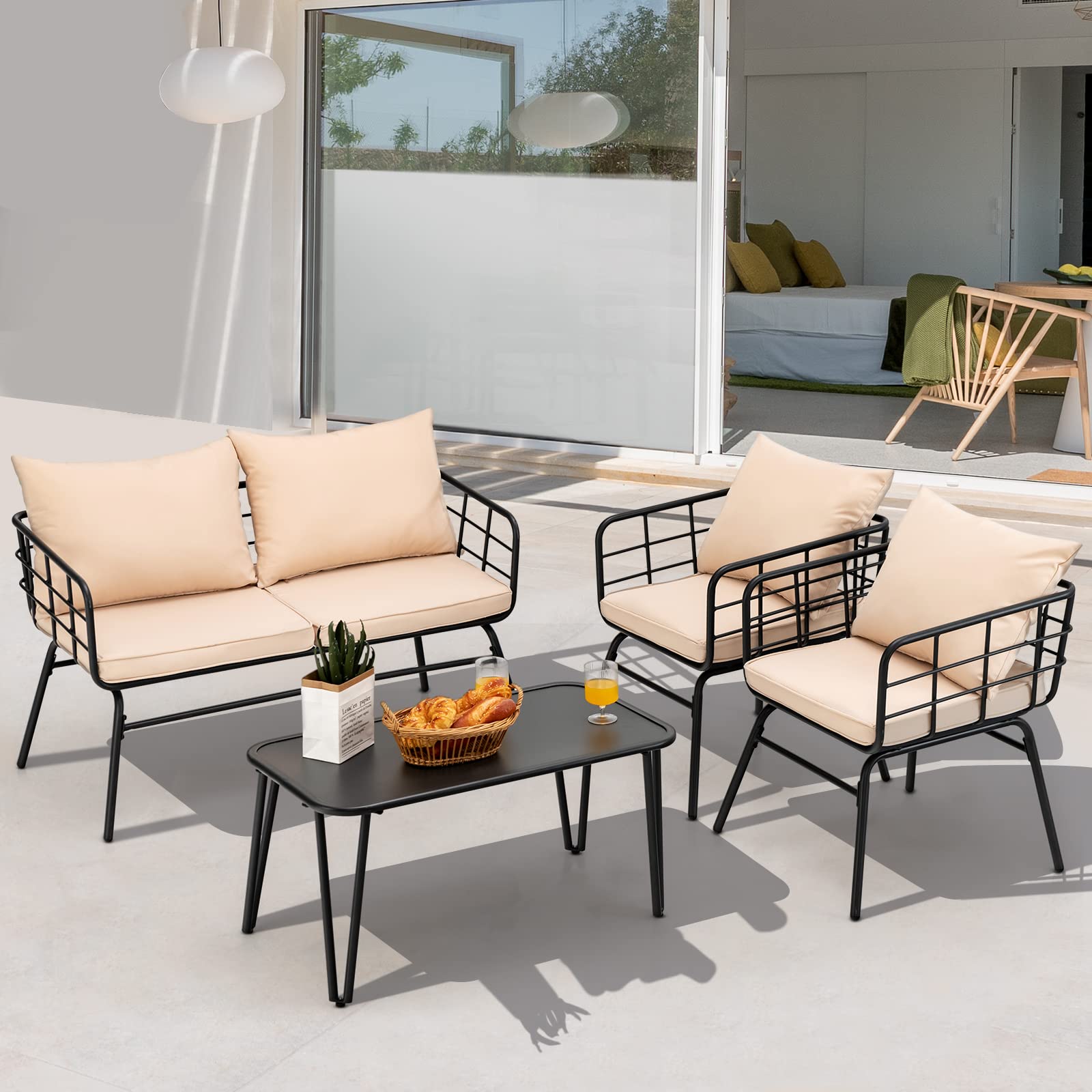 Giantex 4-Piece Outdoor Patio Furniture Set - Steel Frame Loveseat Bench, Coffee Table & 2 Bistro Chairs with Cushions for Garden, Yard, Balcony, Poolside (Beige & Black) | Perfect for Relaxing, Entertaining & Outdoor Dining