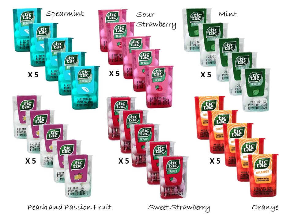 Fruity Mint Tic Tacs Travel Size Candy Pack - 30 Mini Boxes Assorted Flavors (Mint, Orange, Peach Passionfruit, Spearmint, Red Apple) - Perfect for Parties, Travel, Office Snacks & Gift Giving - Bulk Pack of Fresh Breath Mints