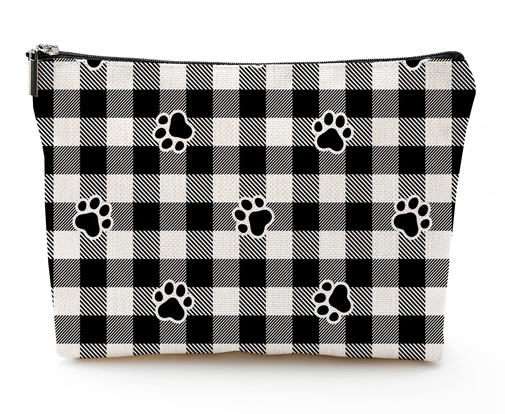 Large Travel Makeup Bag for Women - 7x10 Inch Cosmetic Organizer with Zipper, Black & White Plaid Dog Paws Design - Perfect for Toiletries, Makeup Storage & Travel Essentials