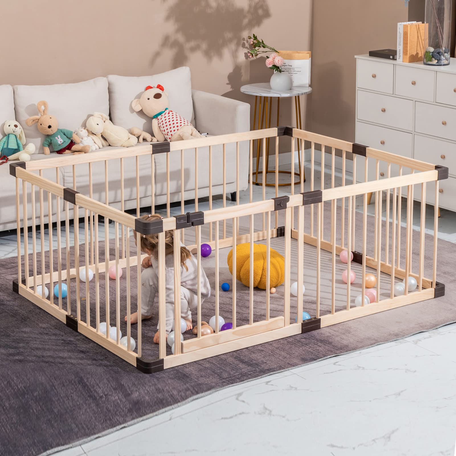 **Conababy Wooden Playpen for Babies and Toddlers - 140x200CM Baby Play Fence & Activity Center - Safe Indoor Play Yard for Crawling, Learning & Playtime**