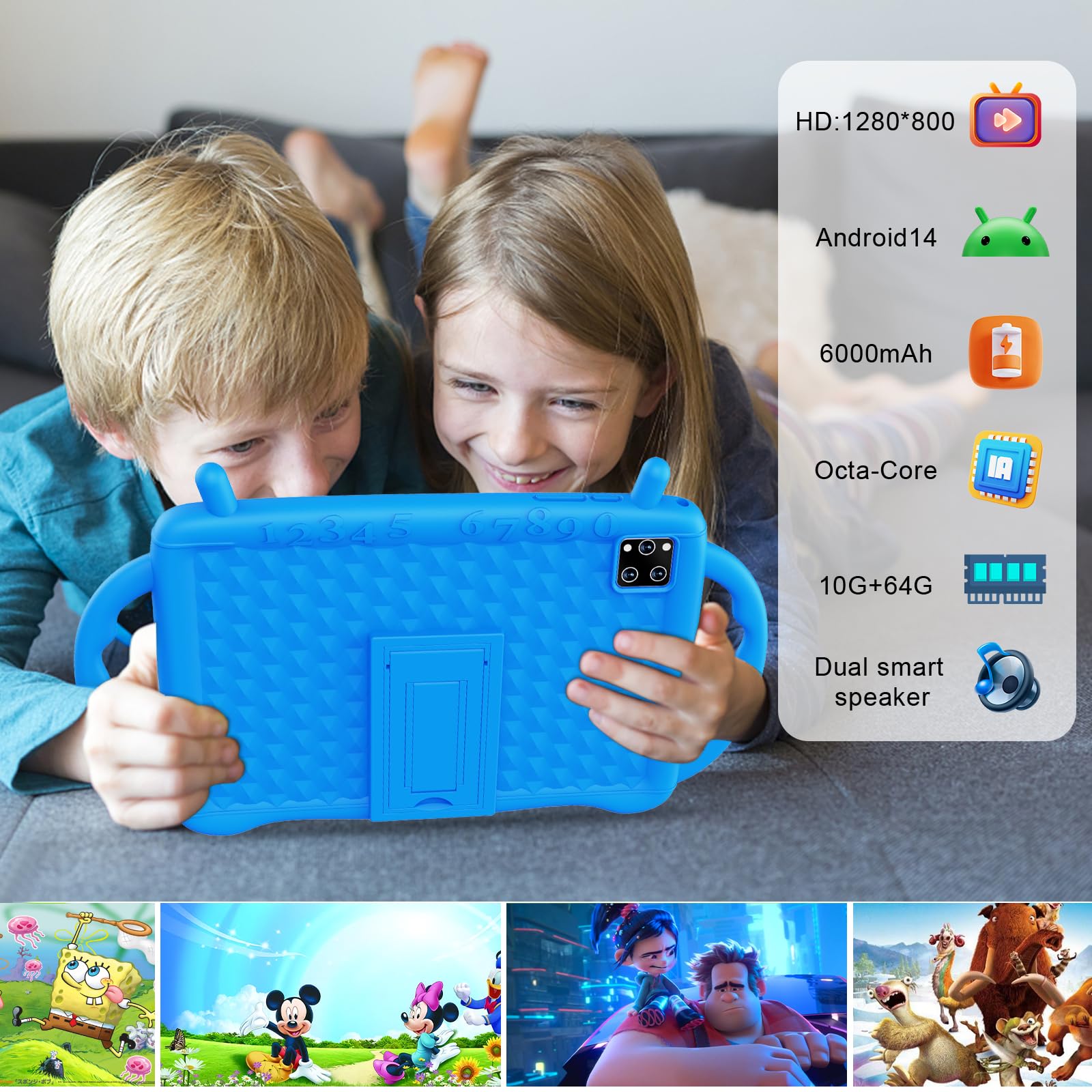 10 Inch Android Tablet for Kids Ages 3-12 | Octa-Core Processor 10GB RAM 64GB Storage | Bluetooth 5.2 WiFi Kids Tablet with Parental Controls & Google Kids Space | HD Shockproof Display (Blue) - Perfect for Learning, Games & Entertainment at Home or Travel