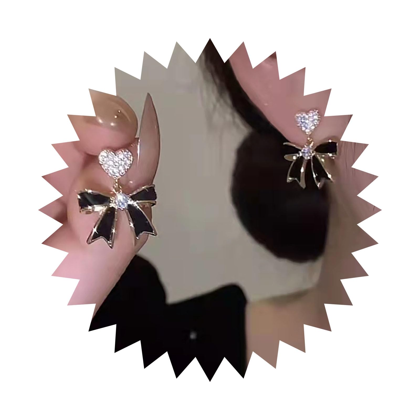 Bohemian Crystal Heart Bow Dangle Earrings - Black Enamel Drop Earrings with Gold CZ & Rhinestone Accents for Women & Girls | Perfect for Parties, Weddings & Gift Giving