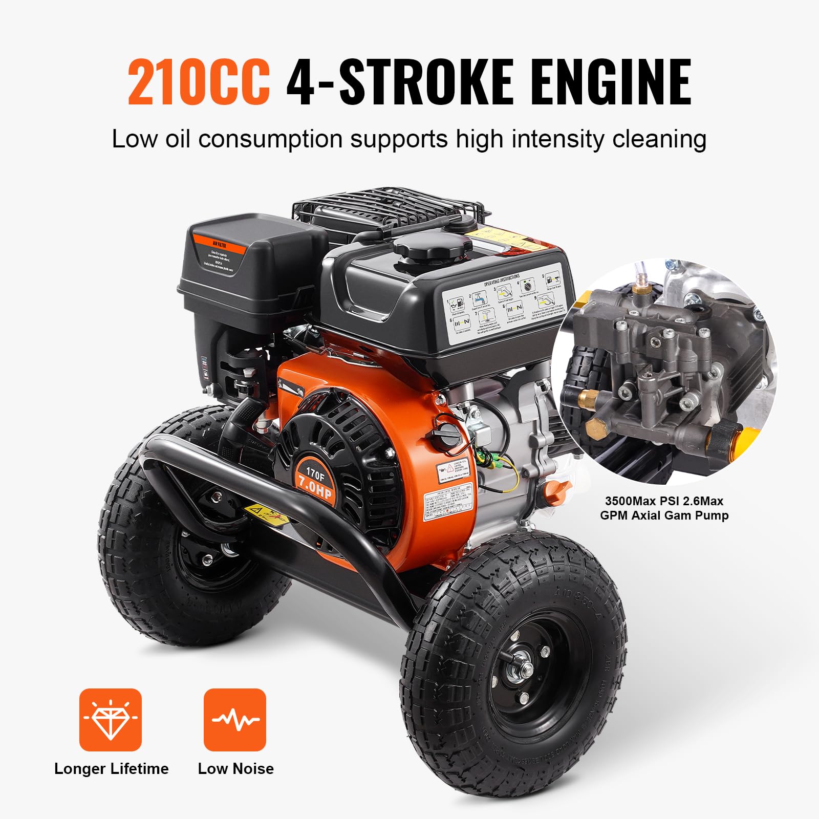 VEVOR 3500 PSI 2.6 GPM Gas Pressure Washer with Aluminum Pump - Heavy Duty Power Washer Machine with Spray Gun, Extension Wand & 5 Nozzle Set - Ideal for Cleaning Cars, Driveways, Fences, Patio Furniture & Home Exteriors