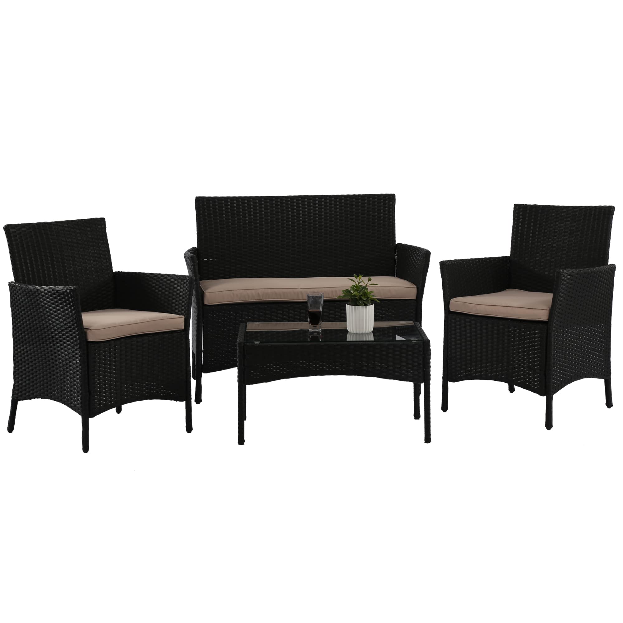 **4-Piece Black Rattan Patio Furniture Set with Soft Cushions & Glass Table - Outdoor Wicker Sofa Conversation Set for Garden, Yard, Poolside, or Backyard Relaxation**