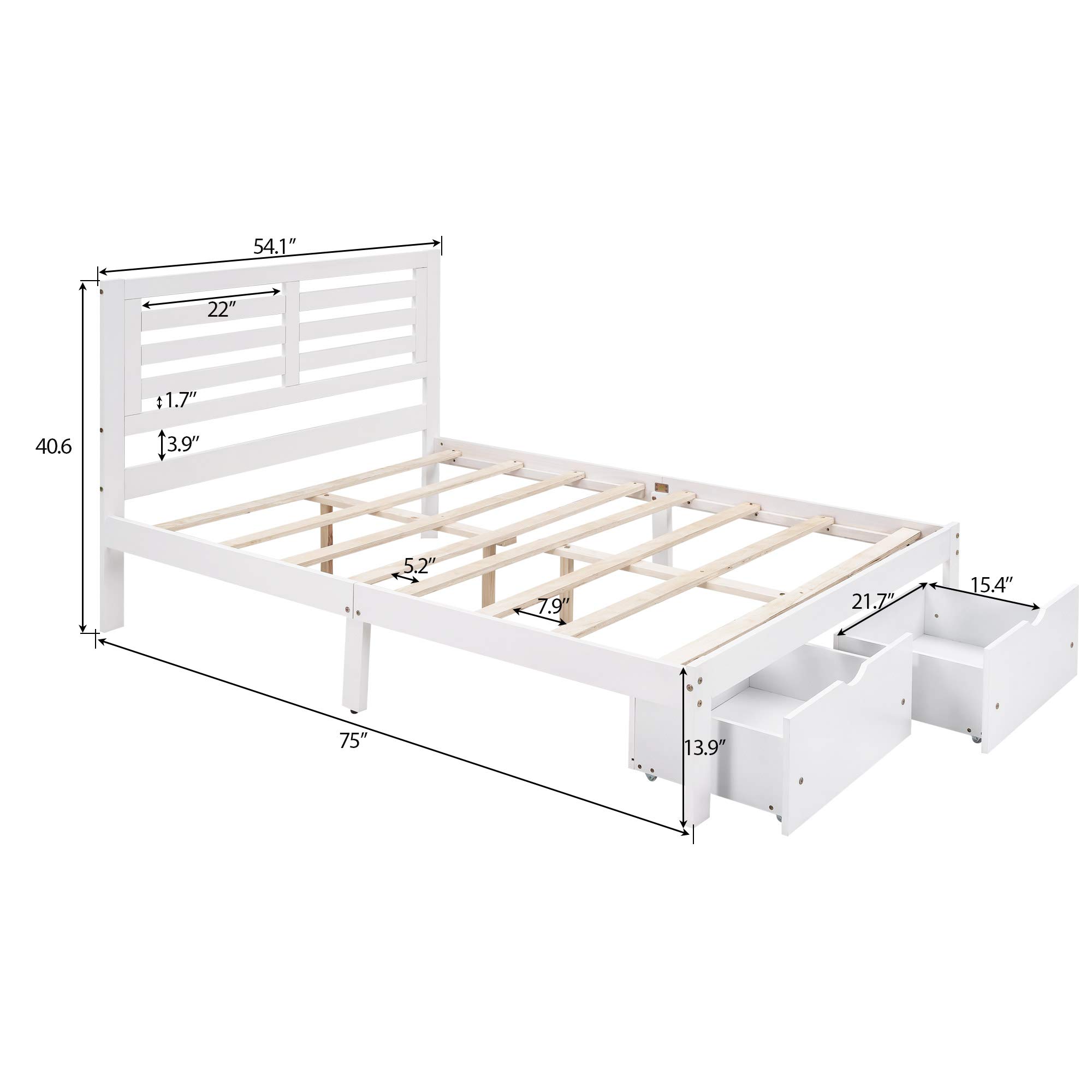 Henf Full Size Platform Bed Frame with 2 Storage Drawers - Solid Wood No Box Spring Needed - Easy Assembly Bed for Kids, Adults, Boys & Girls (White) - Perfect for Small Bedrooms, Guest Rooms & Dormitories