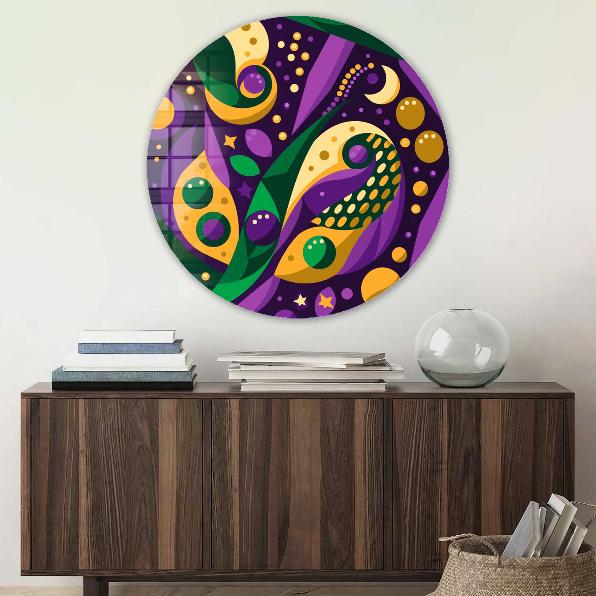 Geometric Purple Rounded Glass Wall Art - Modern Home Decor for Living Room, Bedroom & Office - Handmade Glass Artwork for Stylish Interior Design