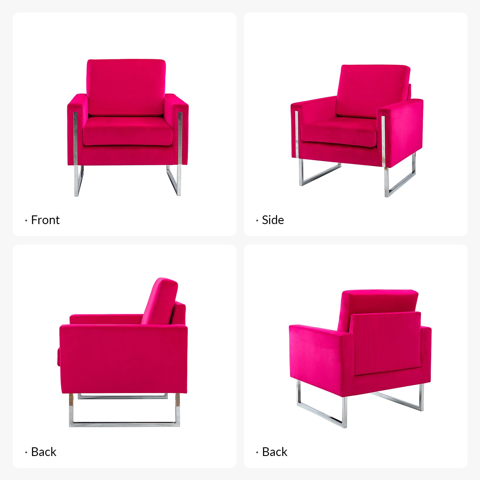 HULALA HOME Modern Velvet Accent Armchair with Back & Seat Cushions - Comfortable Upholstered Club Chair with Sturdy Metal Legs - Tufted Sofa Chair for Living Room, Bedroom, Office - Fuchsia Pink Lounge Chair for Relaxing & Reading