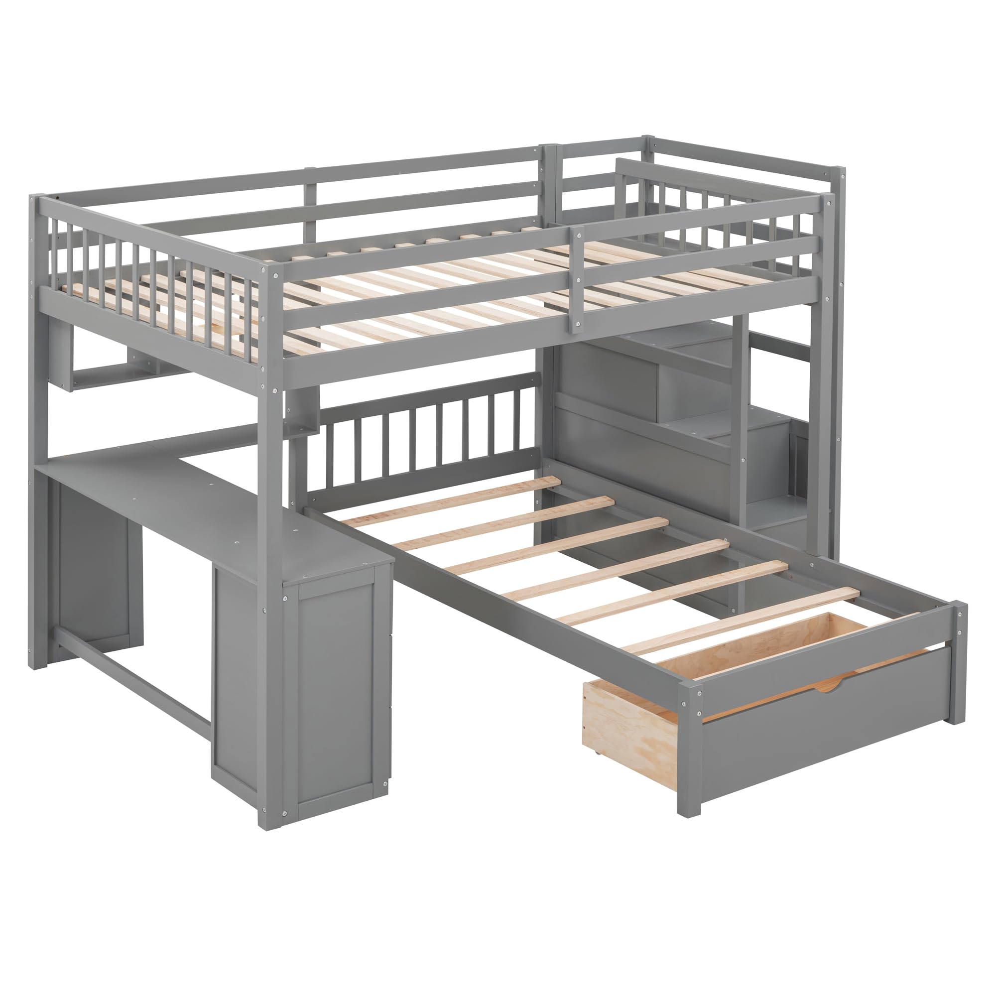 SOFTSEA Solid Wood Full Over Full Bunk Bed Frame with Built-in Desk, Staircase & Storage Drawers - Sturdy, Noise-Free, No Box Spring Needed - Grey - Perfect for Kids' Bedroom, Guest Room & Space-Saving Solutions