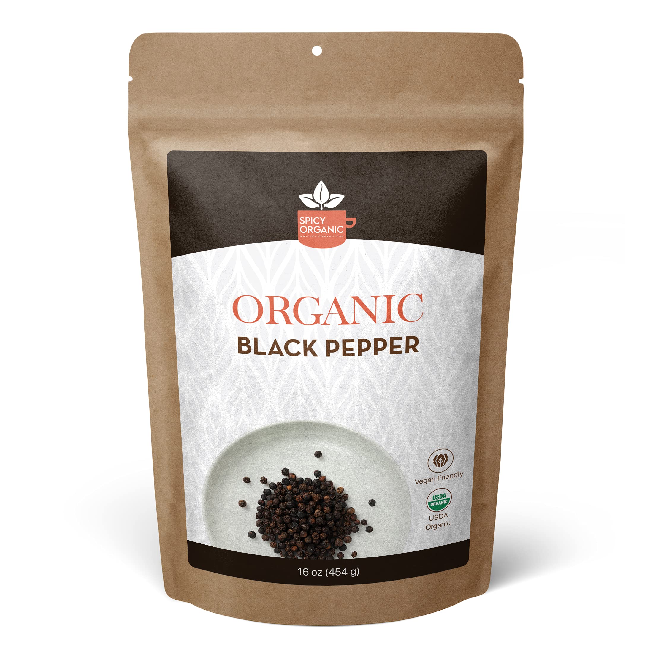 SPICY ORGANIC Black Peppercorns 16oz - Whole Fresh Premium Ceylon Black Pepper for Grinder Refill | USDA Certified Organic, Gluten-Free, Kosher | Perfect for Cooking, Seasoning & Gourmet Dishes