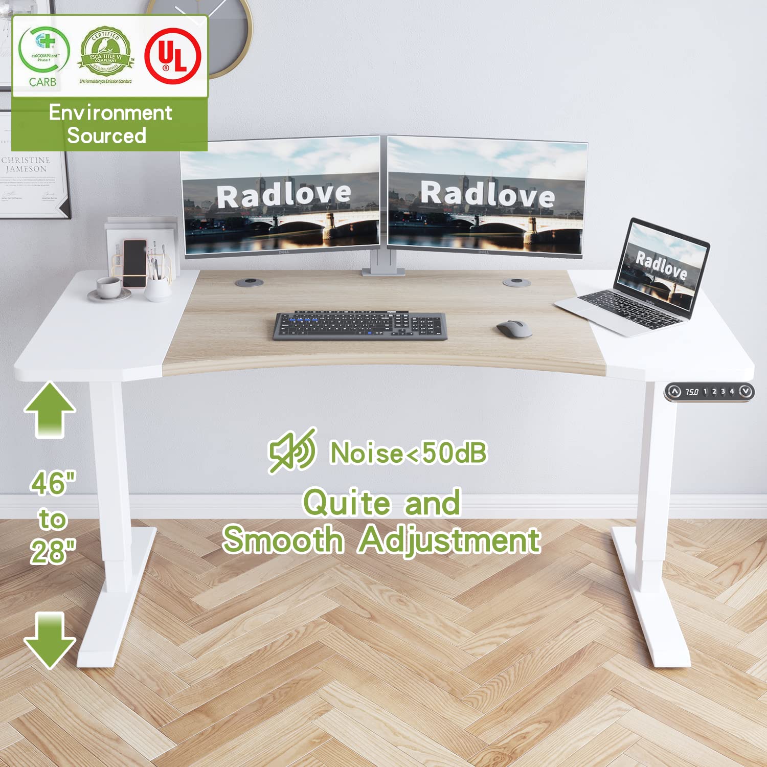 Dual Motor Electric Standing Desk 63 x 30 Inches - Height Adjustable Sit Stand Desk for Home Office with Splice Board, 265 lb Weight Capacity (White Frame & Top) - Perfect for Ergonomic Workspace & Small Office Setup
