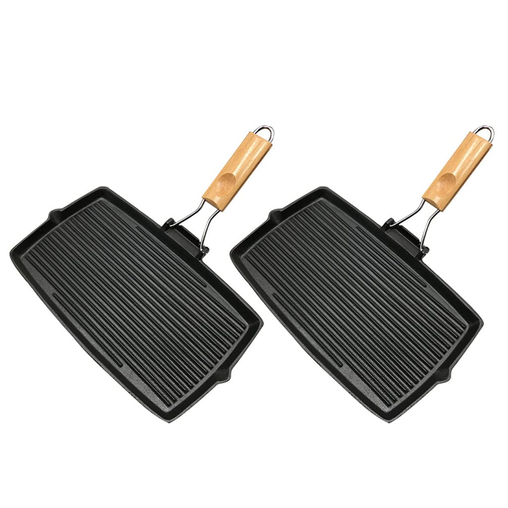 Hemoton 2-Piece Cast Iron Grill Pan Set - Nonstick Steak Frying Pans & Skillet for Induction Stove, Perfect for Camping, BBQ, and Indoor Cooking | Durable Kitchen Cookware for Grilling, Searing, and Pan-Frying