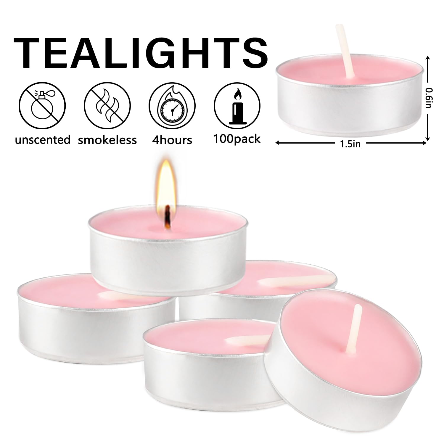 Pink Unscented Tealight Candles 100 Pack - 4-Hour Burn for Weddings, Valentine's Day & Parties