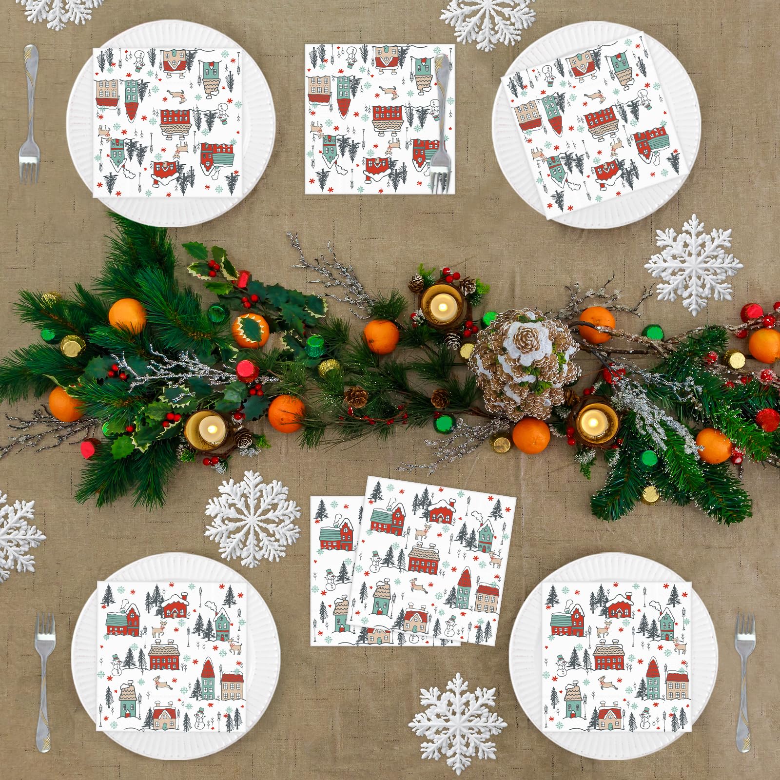 Christmas Party Napkins - 80 Pack Disposable Snow, House & Street Design Holiday Dinner Napkins for Christmas & New Year Celebrations - Perfect for Festive Gatherings, Family Dinners & Holiday Decorations