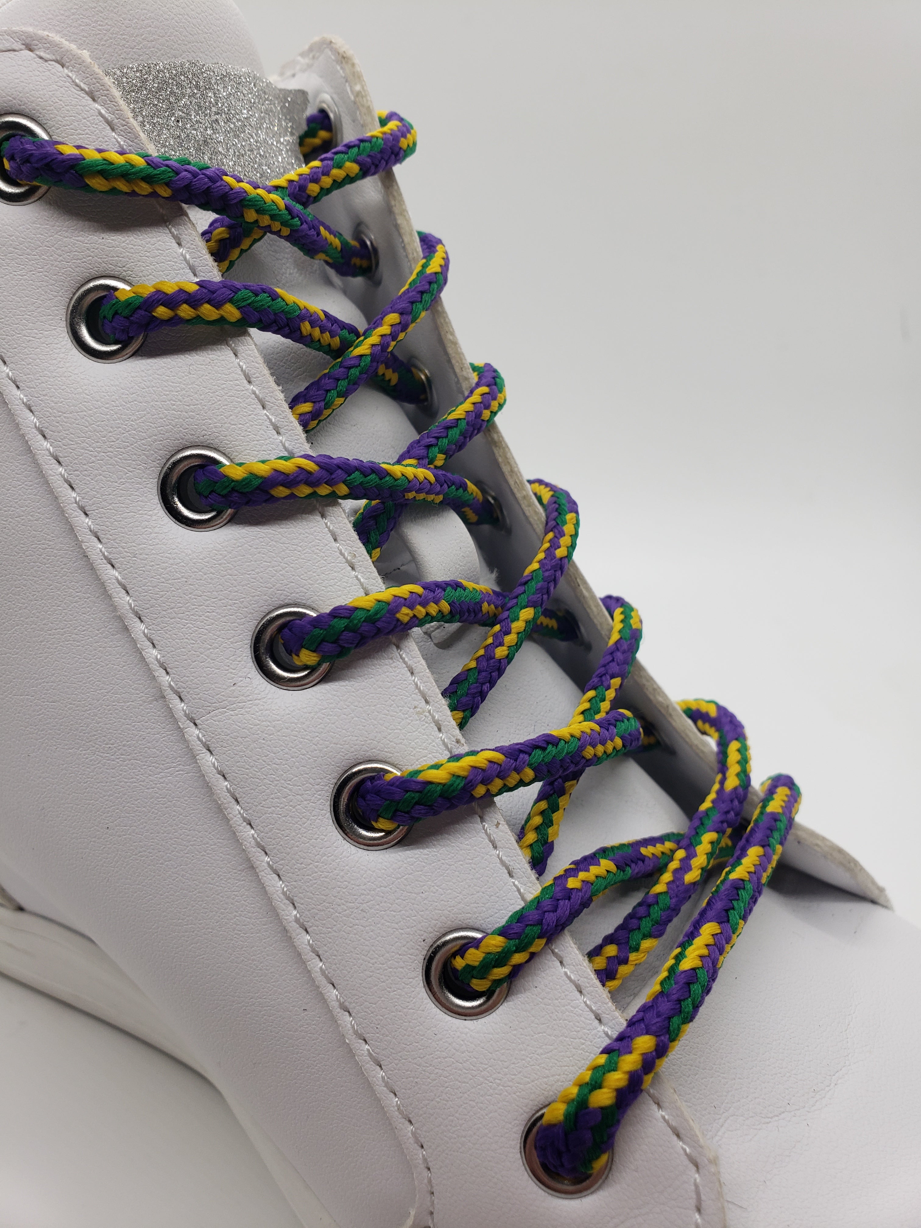Vibrant Round Mardi Gras Shoelaces - Purple, Green & Gold Beaded Laces for Costumes, Parties & Festive Celebrations | Perfect for Jazz Fest, Carnival & Themed Events