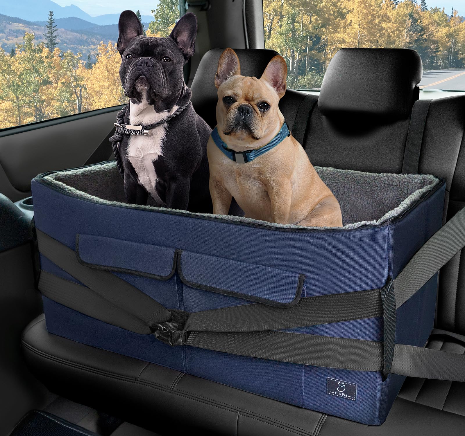 **A4Pet Large Dog Car Seat for Medium & Big Dogs - Washable Cover, Safety Leash & Storage Pockets - Foldable & Portable Pet Booster Seat for Travel, Road Trips & Outdoor Adventures**
