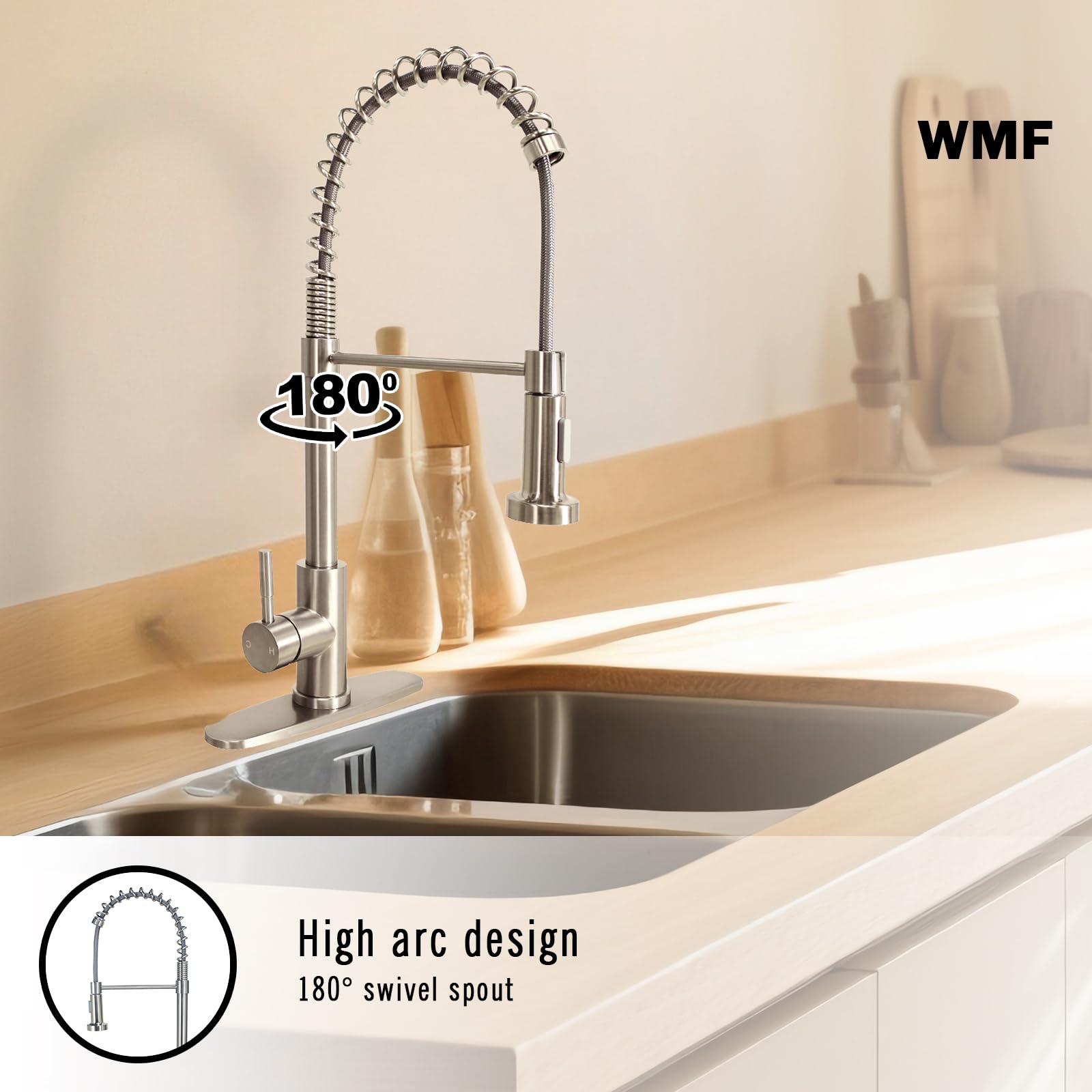 Single Handle Stainless Steel Kitchen Faucet with Pull Down Sprayer - High Arc Brushed Nickel Finish, 1 Hole Sink Faucet with Dual Spray Modes & Hole Cover (21.5 Inch) - Perfect for Modern Kitchens, Dishwashing & Food Prep