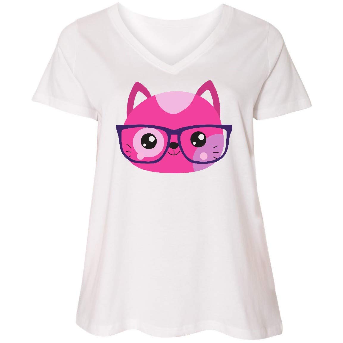 Inktastic Hipster Cat with Glasses - Cute Little Cat Design Women's Plus Size V-Neck T-Shirt - Perfect for Casual Wear, Cat Lovers & Unique Fashion Style