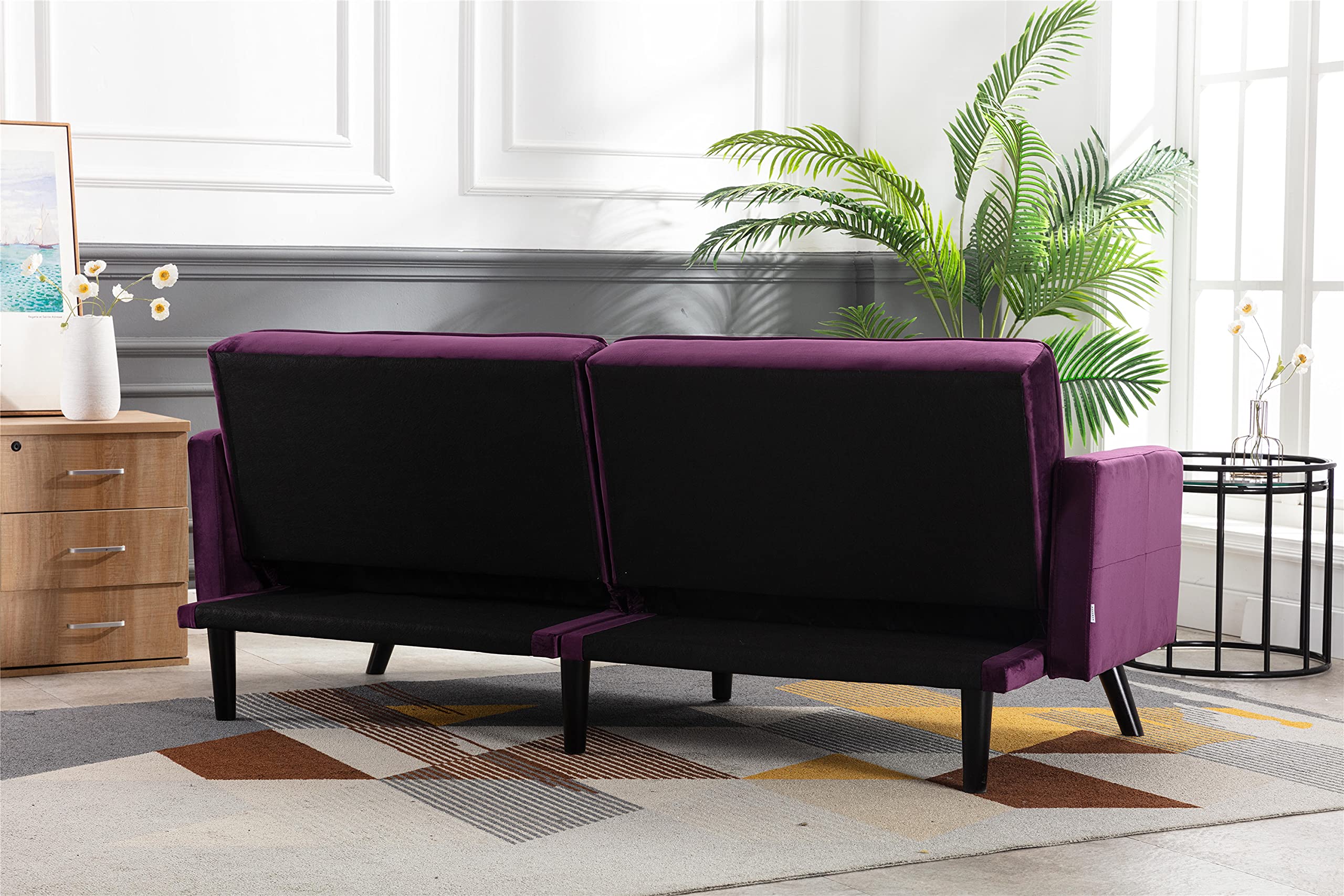 Velvet Convertible Sofa Bed with Adjustable Backrest & 6 Wood Legs - Modern Folding Sleeper Loveseat for Living Room, Bedroom & Guest Room | Perfect for Small Spaces, Studio Apartments & Overnight Guests