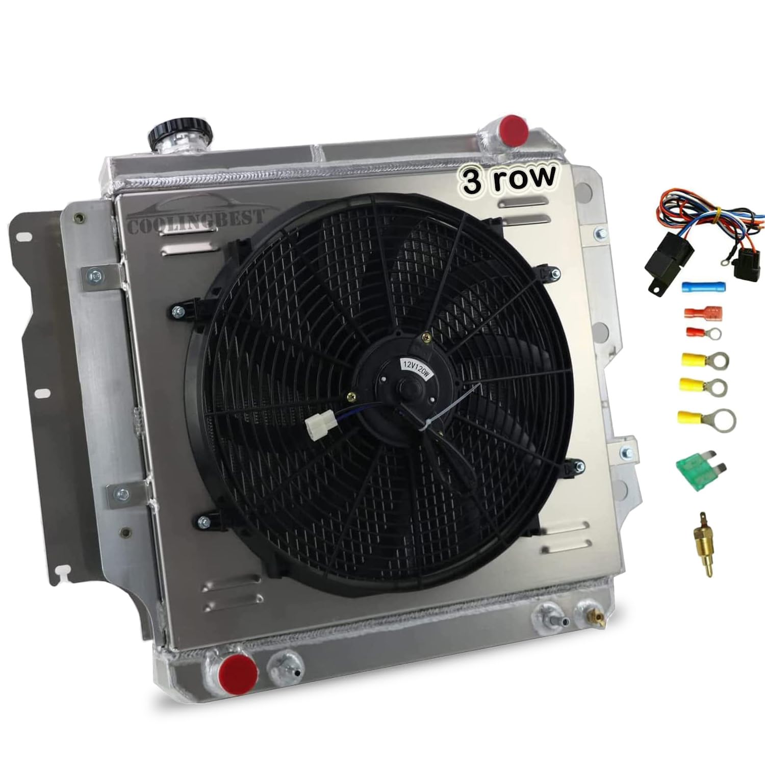 High-Performance Aluminum Radiator 3-Row for 1987-2006 Jeep Wrangler YJ TJ Unlimited (2.4L 2.5L 4.0L 4.2L L4 L6 Gas) - Complete Cooling Kit with 16