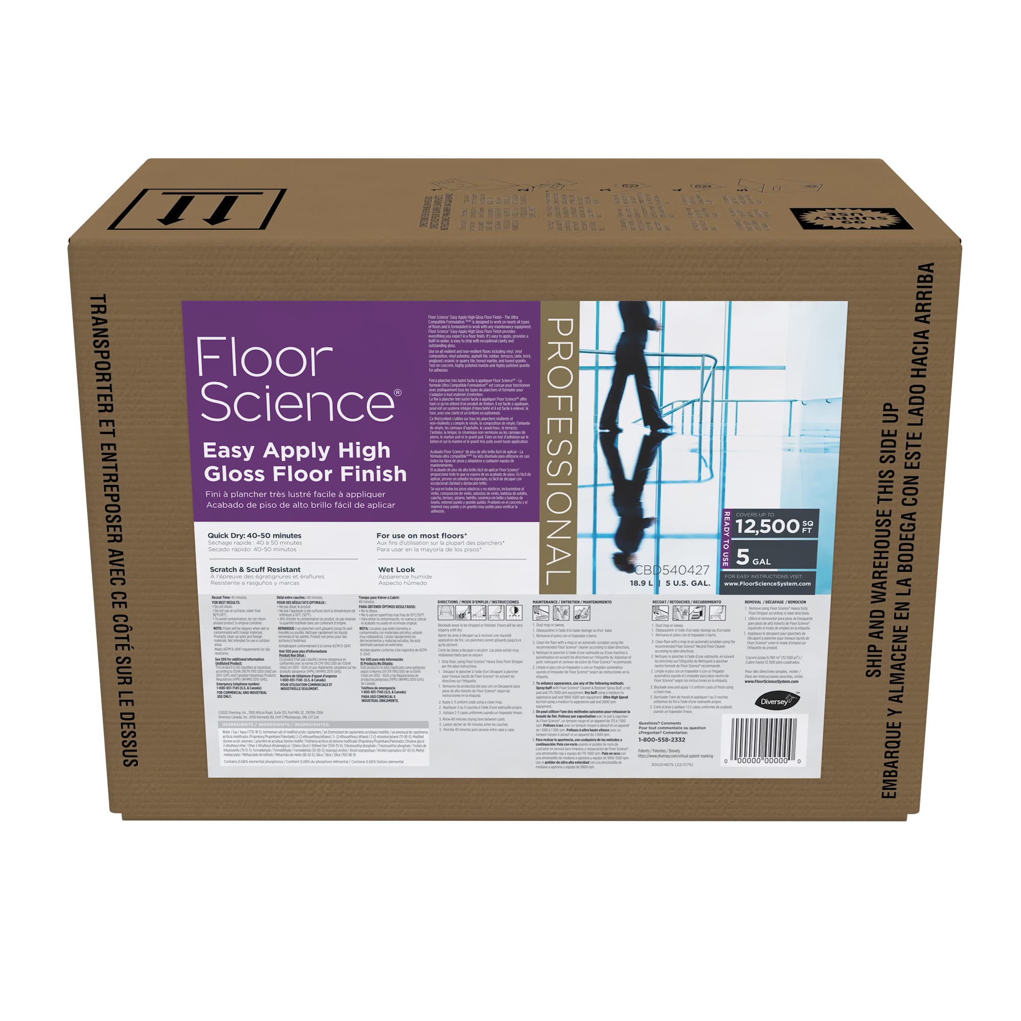 Diversey Floor Science CBD540427 Professional High Gloss Floor Finish - Low Maintenance Sealer, Ready-to-Use Envirobox (5-Gallon) - Ideal for Commercial Spaces, Hospitals & Schools