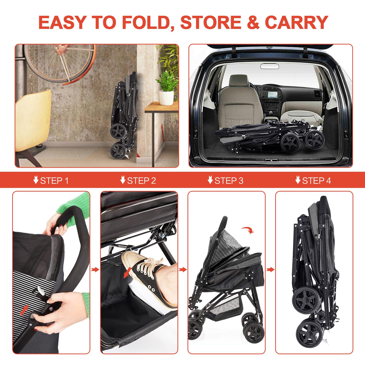 **Foldable Dog Stroller for Large & Medium Dogs & Cats - Reversible Handle, Large Storage Basket - Perfect for Travel, Walks & Vet Visits (Black)**