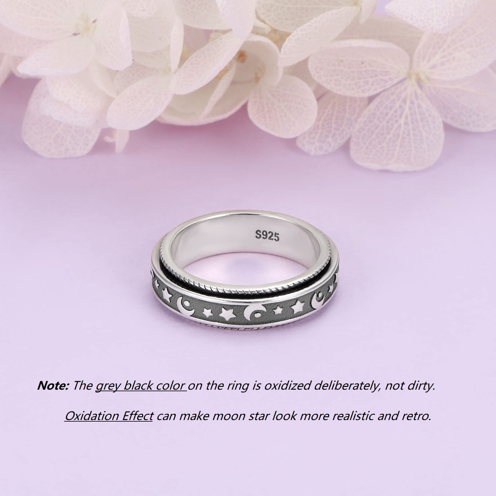 925 Sterling Silver Moon Star Spinner Ring for Men & Women - Anxiety & Stress Relief Fidget Ring for ADHD, Autism - Inspirational Message 'Keep Going This Too Shall Pass' - Perfect for Relaxation, Focus & Daily Wear