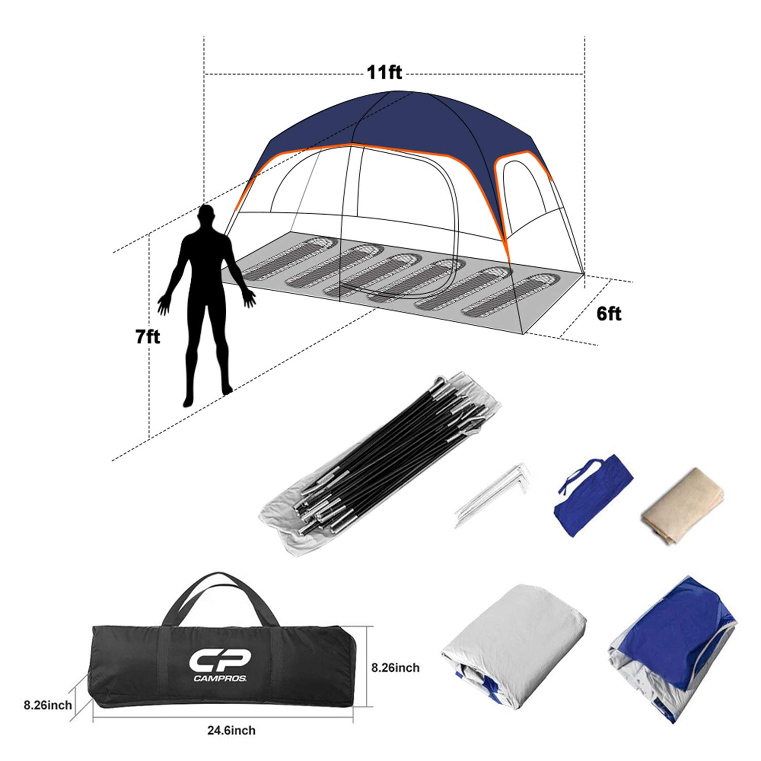 Campros 6/8 Person Waterproof Windproof Family Camping Tent with Top Rainfly - 4 Large Mesh Windows, Double Layer Design for All Seasons - Easy Setup & Portable with Carry Bag - Perfect for Family Camping Trips, Hiking Adventures & Outdoor Festivals