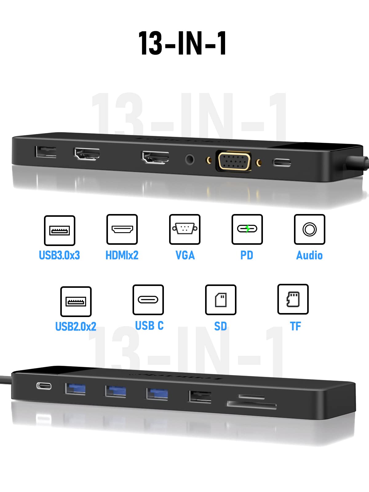13-in-1 USB C Docking Station with Triple Monitor Support, Dual HDMI 4K, VGA, 5 USB Ports, 100W PD, SD/TF Card Reader - Universal USB C Hub for Lenovo, Dell, HP, Surface Laptops - Perfect for Home Office, Gaming & Multi-Tasking