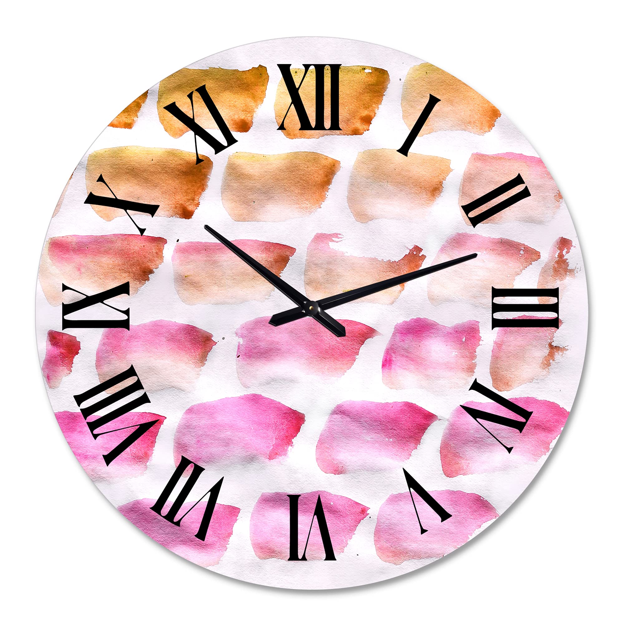 DesignQ Modern Abstract Wall Clock - Pink & Dark Yellow Brush Art, Large Fractal Wall Decor for Living Room, Bedroom, Office | Perfect for Home & Office Décor