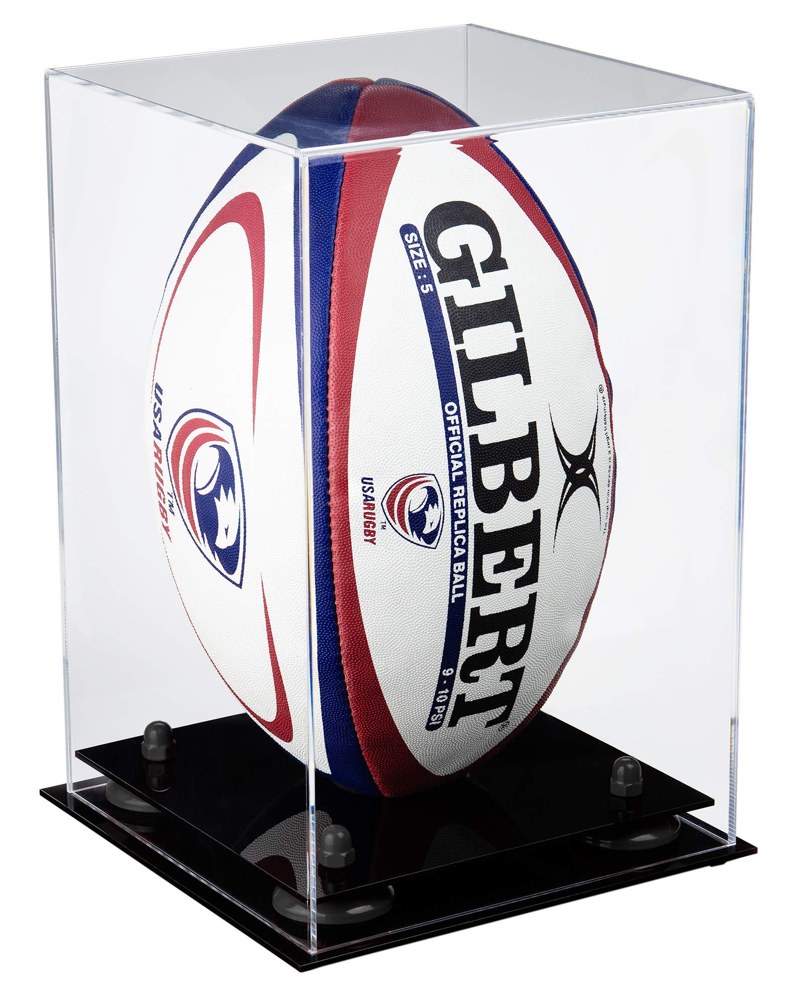 Clear Acrylic Rugby Ball Display Case with Black Risers - Vertical Better Display Cases for Collectibles & Memorabilia - Perfect for Sports Trophies, Awards, and Home Decor (A060-BR)