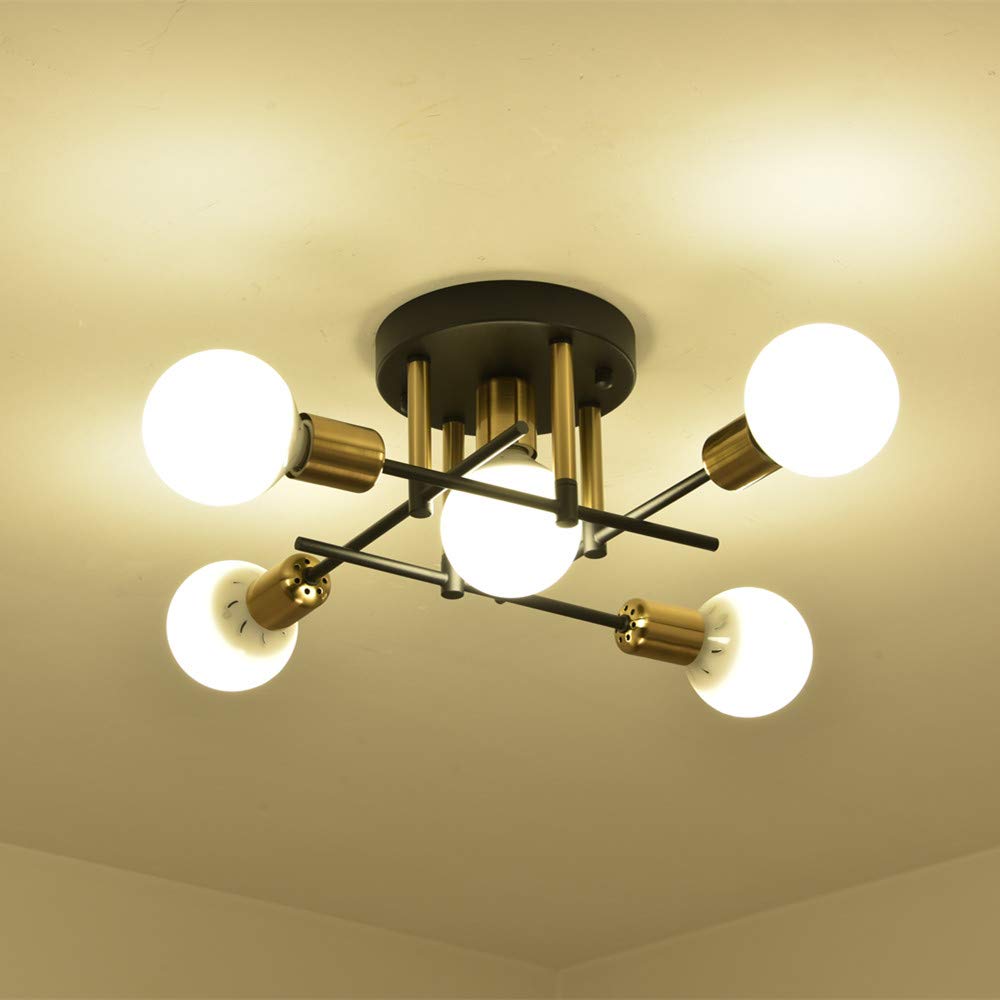 Modern Ceiling Chandelier Lighting - Contemporary Rustic Semi Flush Mount Ceiling Lamp - Minimalist Industrial Light Fixtures for Living Room, Bedroom, Dining Room - Black 5-Light Interior Decor